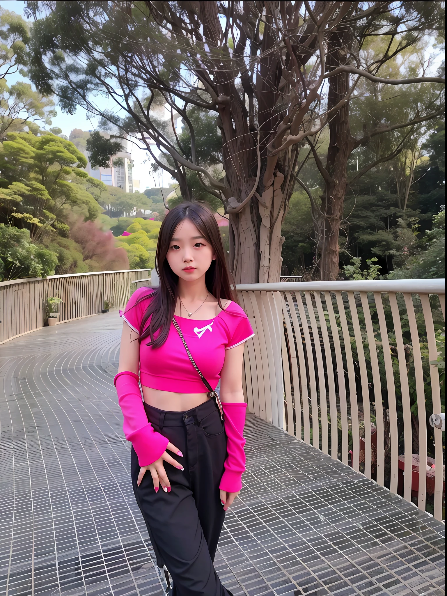 araffe girl in pink top and black pants posing for a picture, xision wu, chinese girl, xintong chen, wearing crop top, dressed with long fluent clothes, asian girl, in pink forest, young asian girl, wearing a sexy cropped top, jossi of blackpink, korean girl, pink girl, a young asian woman, some pink, pink clothes