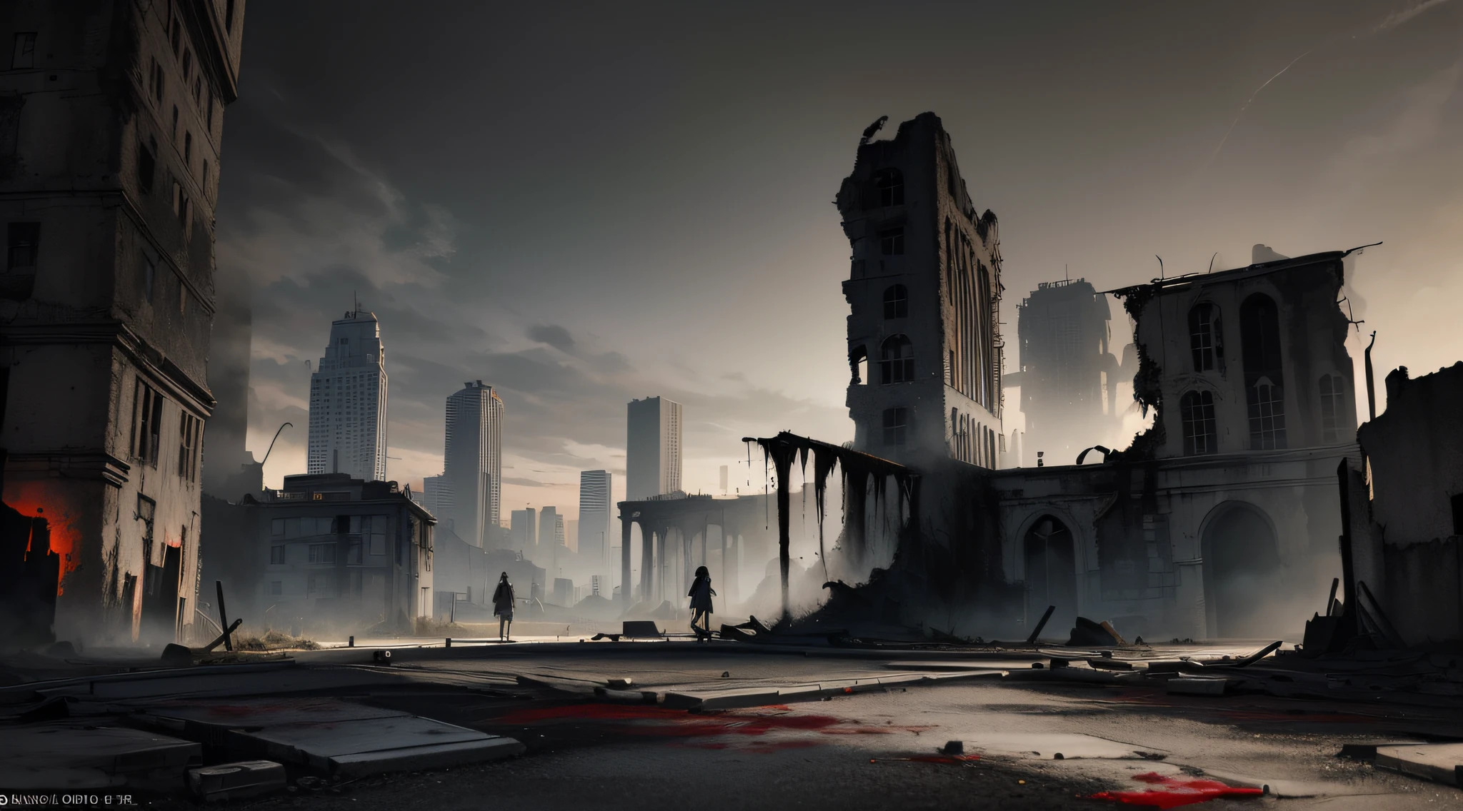 (A City of Ruins: 1.3), (Gray Black and White: 1.2 + Blood Mood: 1.2), raging smoke, ruins and unknown ruins in the ruins, traces of the coming apocalypse, painted peeling walls, ruined streets, shimmering in the dark sky, human dwellings have become the territory of wild animals and monsters, human figures, darkness.