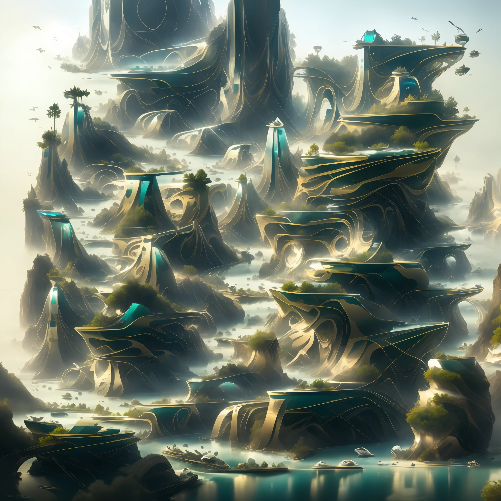 Airbrush drawing --v 5.1 style Futuristic design of an awesome sunny day environment concept art on a futuristic terrain with huge waterfalls,streams, mangroves,nature architecture, proportional,detailed,bright clouds, nature meets futuristic architecture by Santiago Calatrava and Vincent Callebaut with futuristic development, high rise made up staircases, balconies, full of composite glass facades, residential spaces carved from cliff side ,trending on artstation, beautiful lighting,In the style , fantasy, intricate, award winning, 4k, highest quality