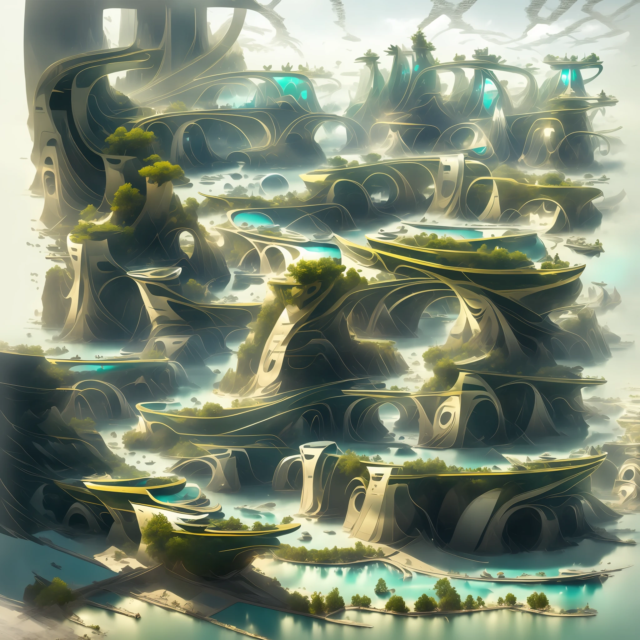 Airbrush drawing --v 5.1 style Futuristic design of an awesome sunny day environment concept art on a futuristic terrain with huge waterfalls,streams, mangroves,nature architecture, proportional,detailed,bright clouds, nature meets futuristic architecture by Santiago Calatrava and Vincent Callebaut with futuristic development, high rise made up staircases, balconies, full of composite glass facades, residential spaces carved from cliff side ,trending on artstation, beautiful lighting,In the style , fantasy, intricate, award winning, 4k, highest quality