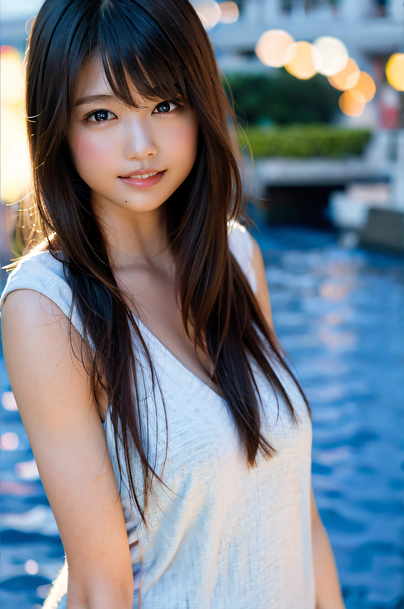 (8k, RAW photo, top quality, masterpiece: 1.2), (realistic, photorealistic: 1.37), ultra detail, ultra high resolution, one girl, beholder, beautiful detailed face, smile, constriction, (slim waist): 1.3), shirt, beautiful detailed skin, skin texture, floating hair, professional lighting, big breasts, kind eyes, white sleeveless, peering, upper body, water