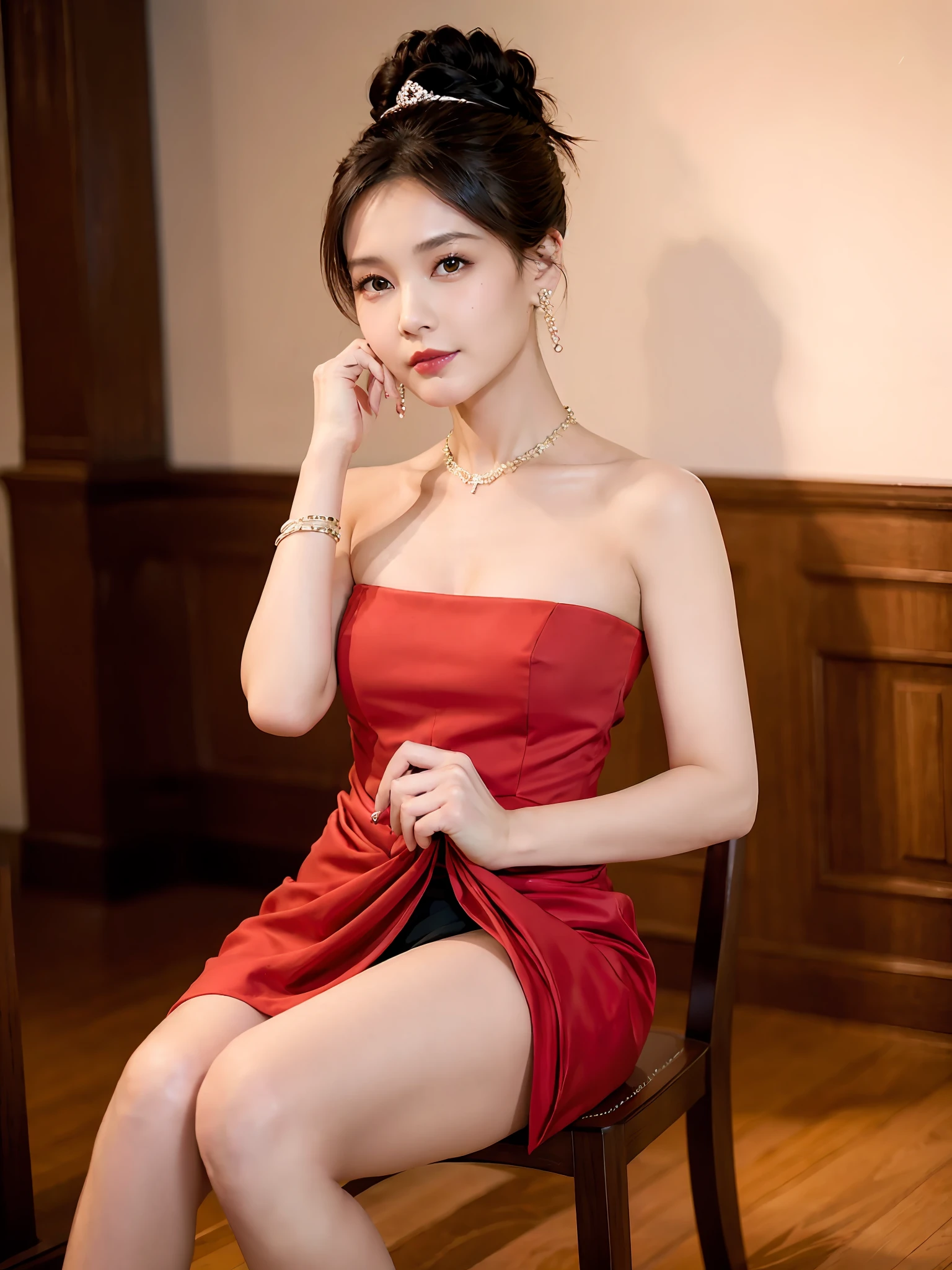 jewelry, solo, earrings, necklace, brunette hair, smile, single bun, (formal:1.6), reality, bun, bracelet, grin, ulzzang-6500v1.1, (original: 1.2), (reality: 1.3) , beautiful girl with beautiful details, extremely detailed eyes and face, eyes with beautiful details, ridiculous, incredibly ridiculous, huge file size, ultra detail, high resolution, super detailed, best quality, masterpiece, Illustrations, super detailed and beautiful, super detailed, CG, unity, 8k wallpaper, amazing, fine details, masterpiece, top quality, extremely detailed CG Unity 8k wallpaper, cinematic lights, (perfect shiny skin:0.6), slim and smooth lines, (floating), (small breasts:1), earrings, wearing red high heels, full body picture, no hands, no chest groove, dress