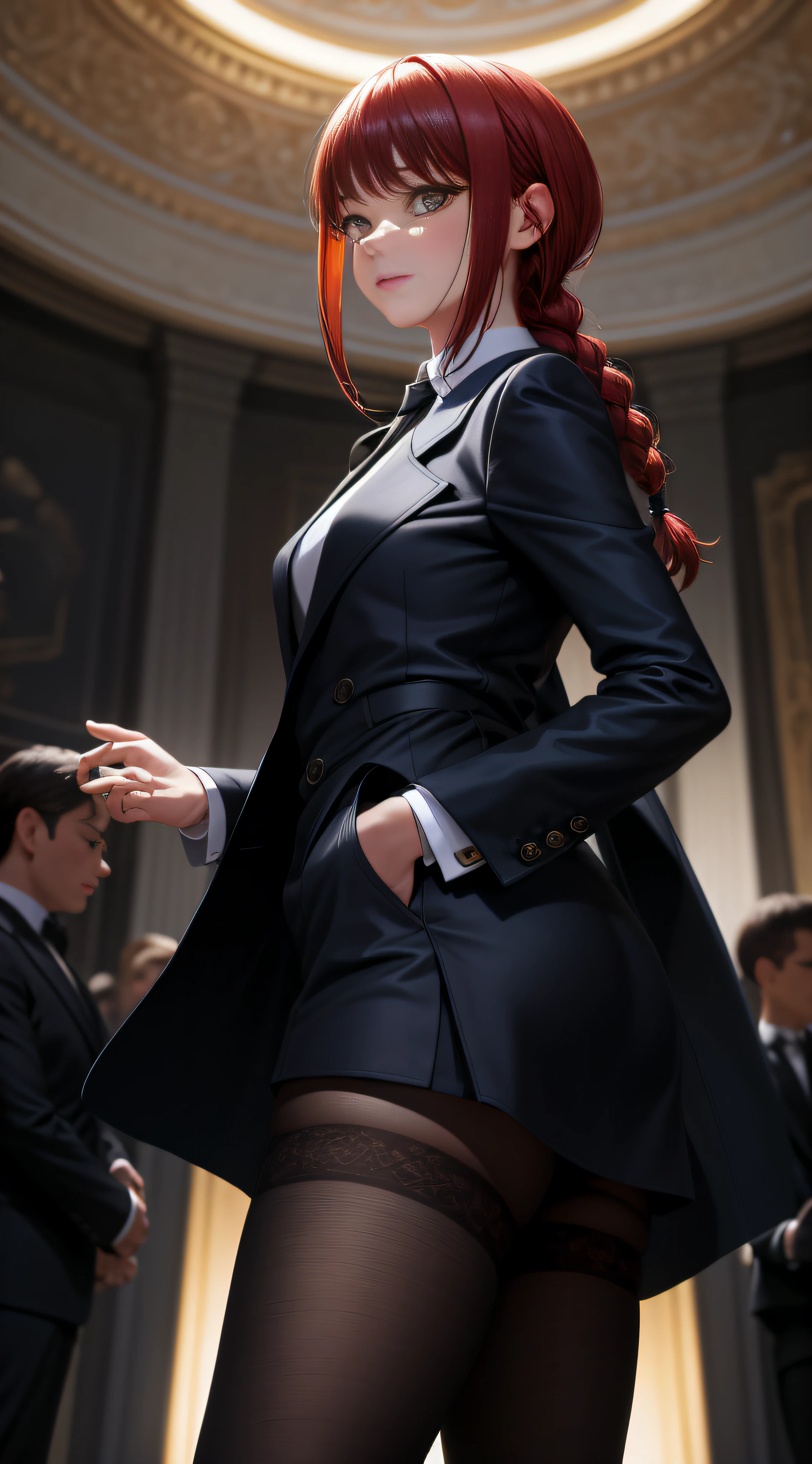 (Masterpiece, Best Quality: 1.2), Solo, 1 Girl, Makama, Climactic Expression, Delicate Facial Features, Shut Up, Look at the Audience, Braided Ponytail, Formal, Coat, Collared Shirt, Black Tie, Black Stockings, Real, 8K