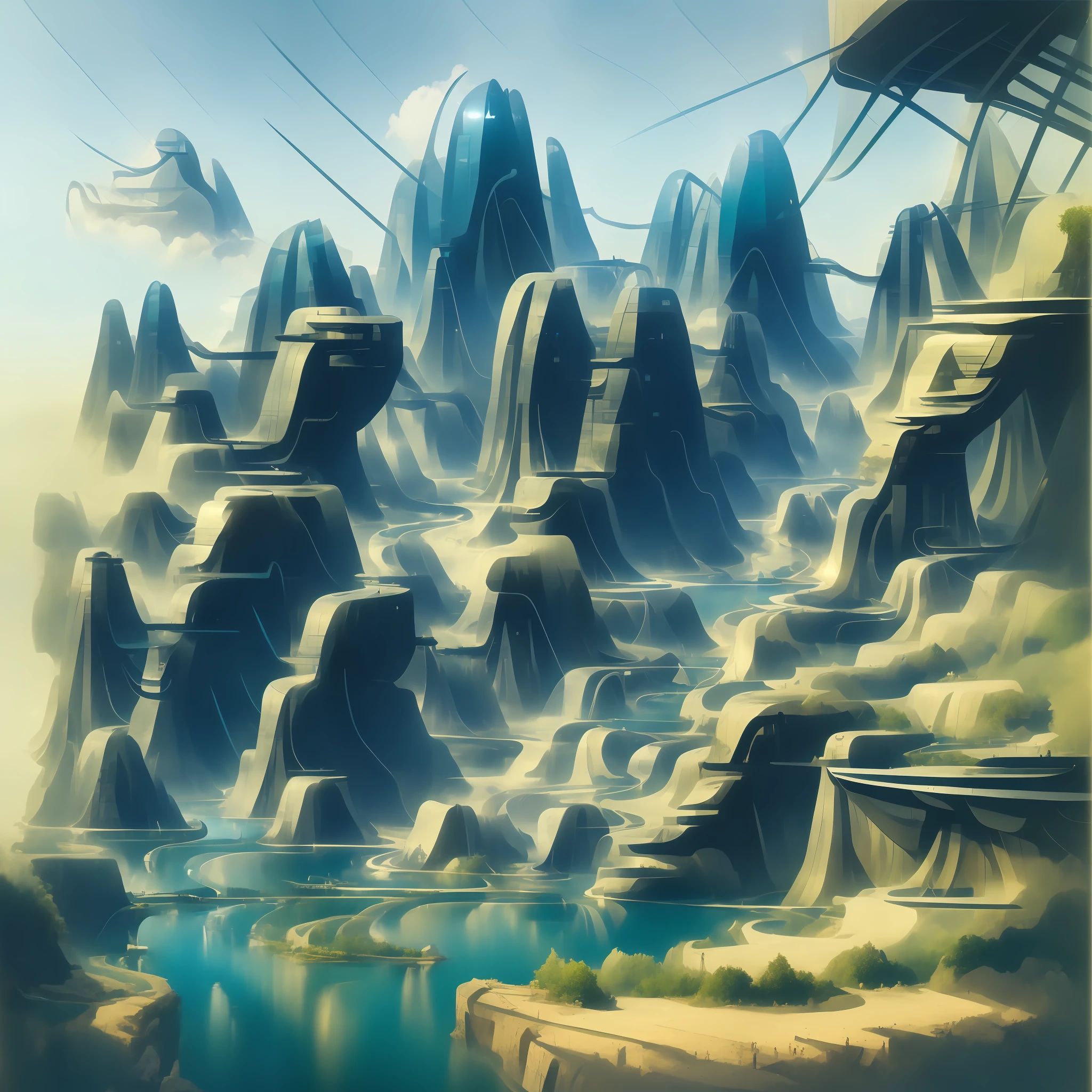 Airbrush drawing --v 5.1 style Futuristic design of an awesome sunny day environment concept art on a futuristic terrain with huge waterfalls,streams, mangroves,nature architecture, proportional,detailed,bright clouds, nature meets futuristic architecture by Santiago Calatrava and Vincent Callebaut with futuristic development, high rise made up staircases, balconies, full of composite glass facades, residential spaces carved from cliff side ,trending on artstation, beautiful lighting,In the style , fantasy, intricate, award winning, 4k, highest quality