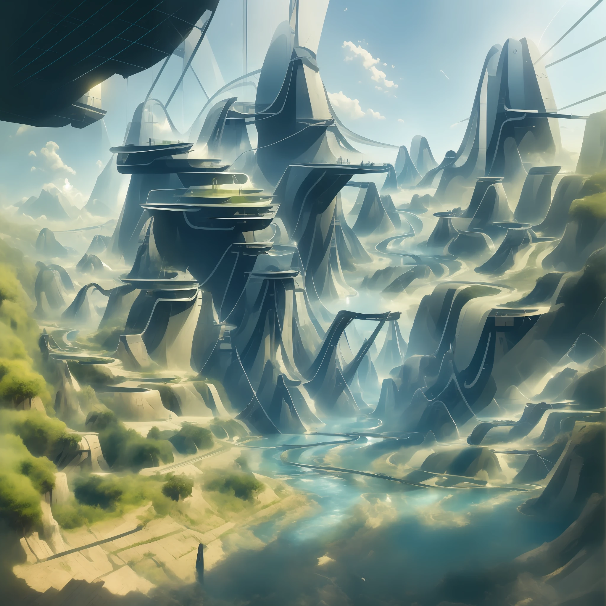 Airbrush drawing --v 5.1 style Futuristic design of an awesome sunny day environment concept art on a futuristic terrain with huge waterfalls,streams, mangroves,nature architecture, proportional,detailed,bright clouds, nature meets futuristic architecture by Santiago Calatrava and Vincent Callebaut with futuristic development, high rise made up staircases, balconies, full of composite glass facades, residential spaces carved from cliff side ,trending on artstation, beautiful lighting,In the style , fantasy, intricate, award winning, 4k, highest quality