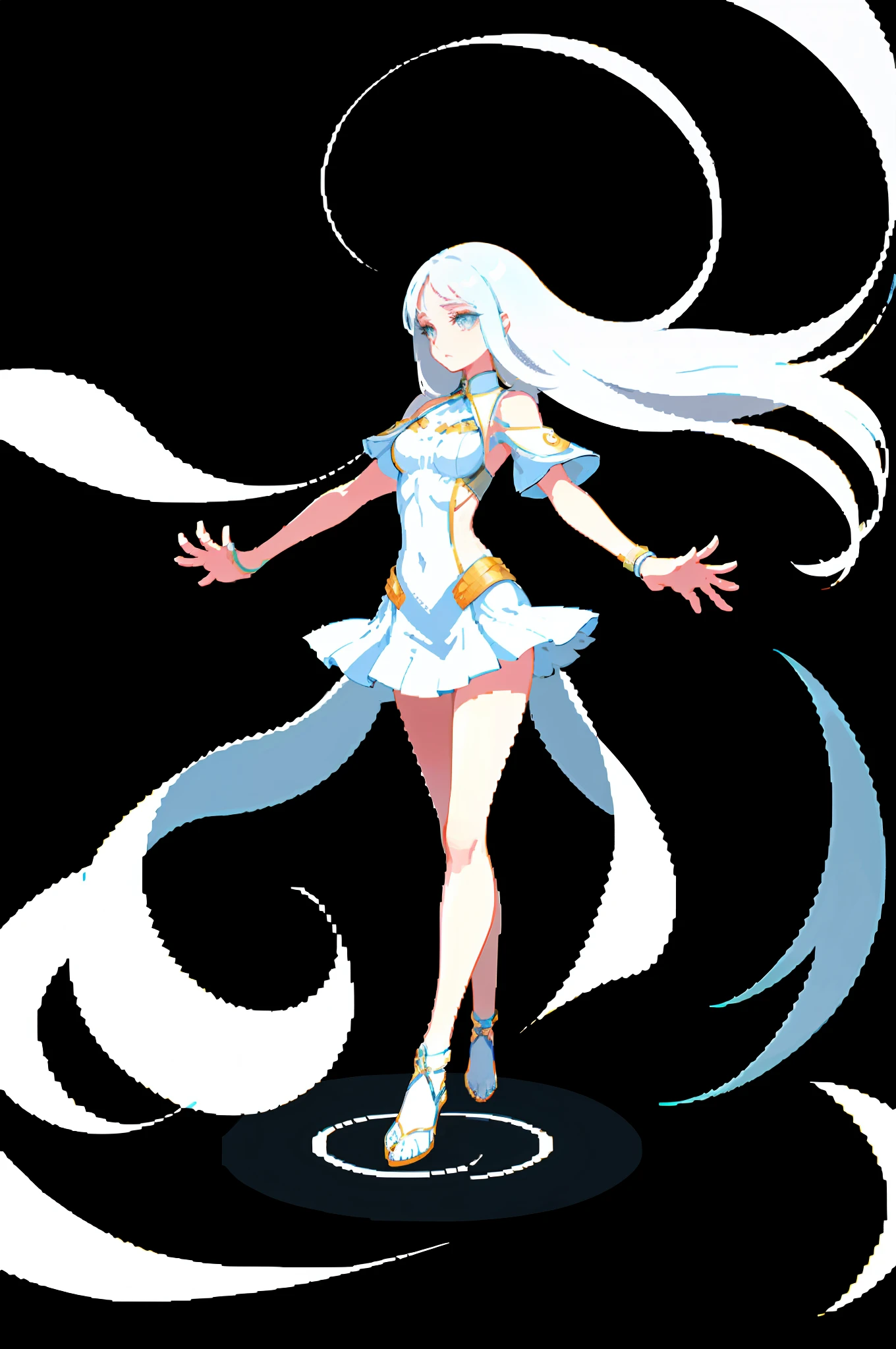 Official art, full-body close-up, a beautiful and white girl, wearing a short white skirt, white long hair shawl, loose hair very flowing, elegant movements, a faint sad expression, floating in the air, a good figure