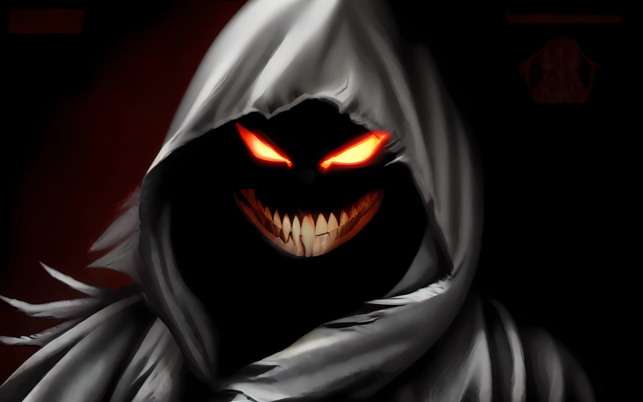 a black and white image of a demonic face with a hood, evil smile and glowing eyes, evil villain grin, evil grin, wide evil grin, reaper of night!!!!, the reaper as a scary, creepy evil smile, wicked grin, grinning sinisterly, evil smile, big evil grin, ghastly, with red glowing eyes, wicked smile