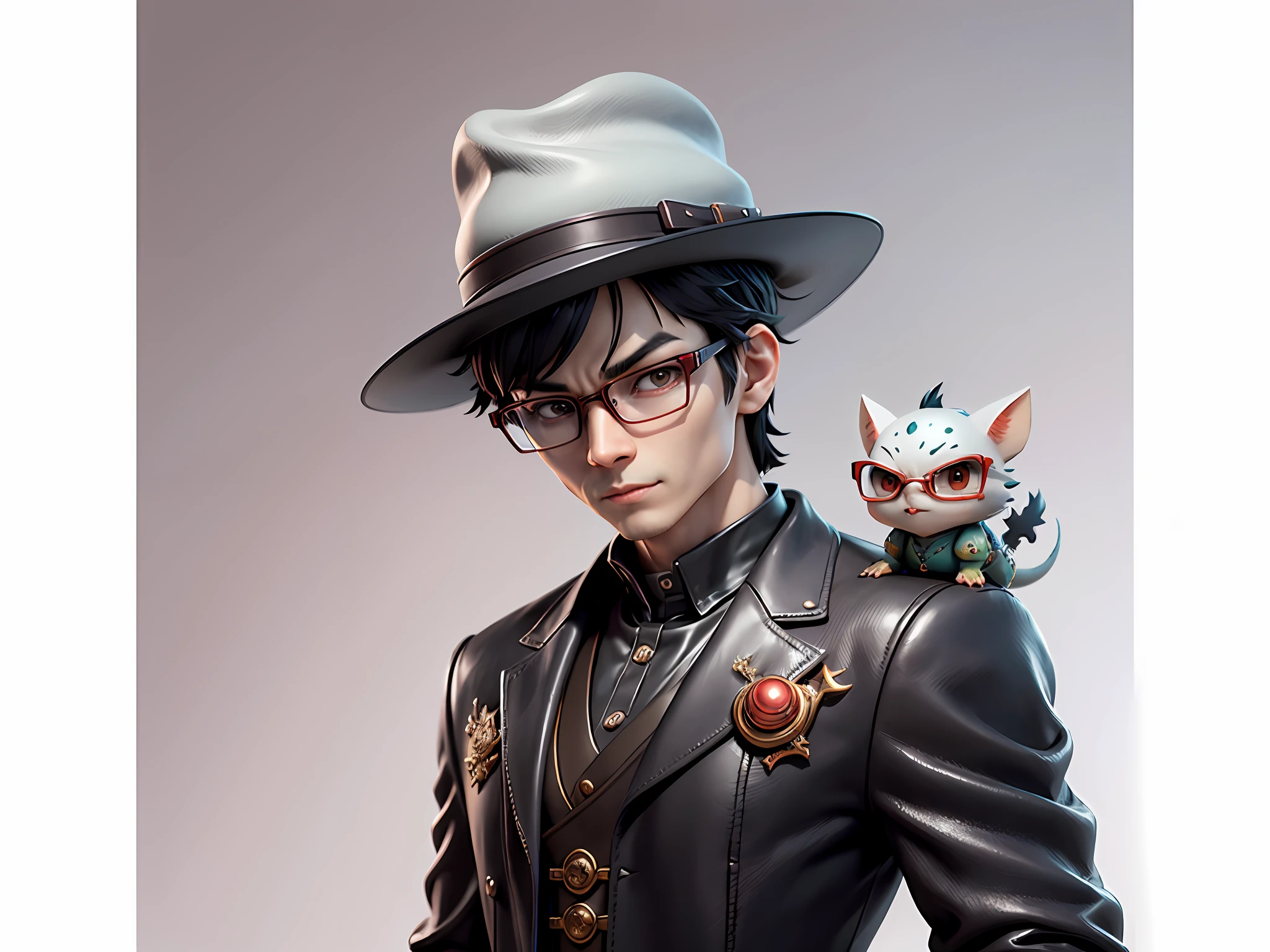 Young man with oriental face in leather hat, dragon, formal suit, short black hair, silver glasses, digital painting, 3D character design by Mark Clairedon and Pixar and Hayao Miyazaki and Akira Toriyama, the illustration is a high-definition illustration in 4K resolution with very detailed facial features and cartoon-style visuals.