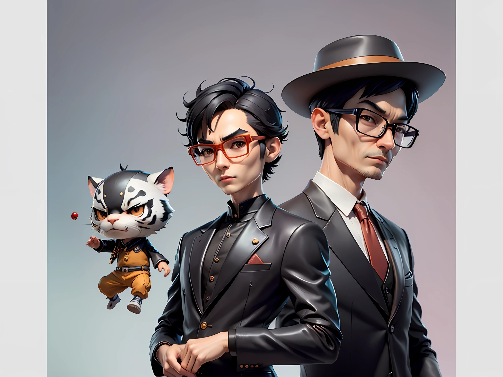 Young man with oriental face in leather hat, tiger, oriental face in formal suit, short black hair, silver glasses, digital painting, 3D character design by Mark Clairedon and Pixar and Hayao Miyazaki and Akira Toriyama, the illustration is a high-definition illustration in 4K resolution with very detailed facial features and cartoon-style visuals.