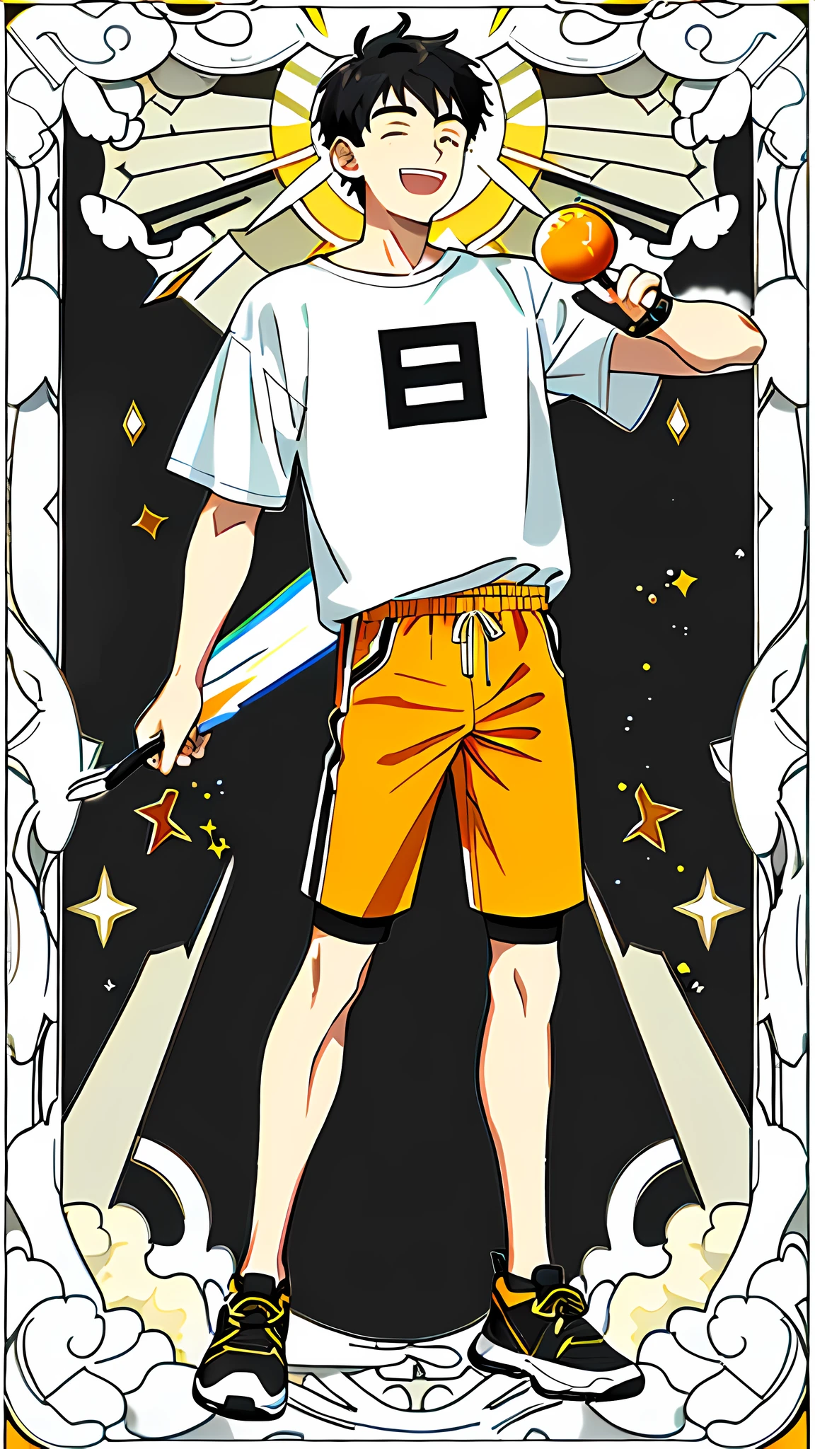 masterpiece, best quality, full body, card, 1 man, the sun, happy, laugh, short hair, black hair,  brush cut, white shirt, standing, white, light,  yellow, orange, black,  buzz cut, bara, street style, white t-shirt, short pant, sport, center, man, looking at viewer, holding nothing, standing