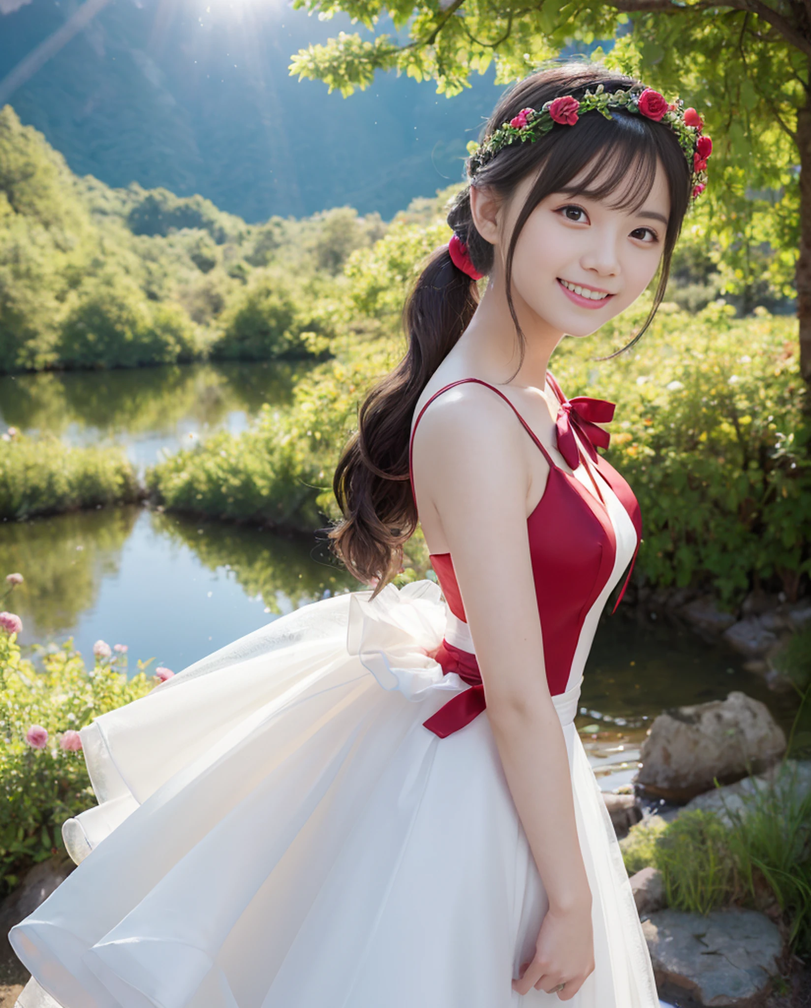 (((1))),((Photorealistic))), ((AKB 48)), (Full body photo))), (Lens flare)),((Backlight)), (In the woods))((Dark mountain lake))),(((Rock in the background)),(Flower crown,(Smiling)),((NIKON Z)),(19 years old),(Small bust))))( bright red wedding dress)))), (((Pore feeling)))), (skin feeling)))), (((Photorealism: 6, realistic)))), (sideways and turning around pose)),Perfect lower body shape, side ponytail, ribbon, hair ornament, pale skin, looking at the viewer, small waist