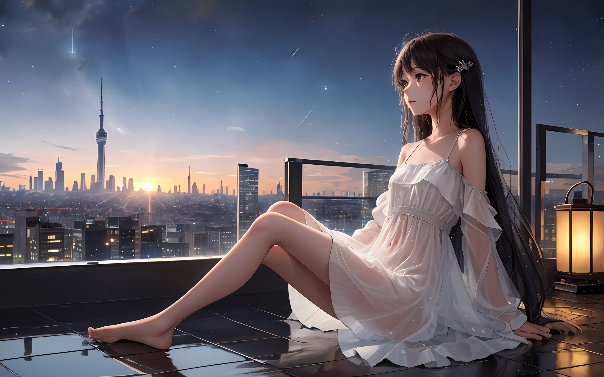 (masterpiece, high quality, high resolution, highest quality), (masterpiece), (close-up: 1), from above, from the side,
(depth of field), detailed face, ((1 loli, a little girl, single focus,)), long wet black hair, brown eyes, white dress, (navel: 0.8), bare shoulders, barefoot, moonshine,
In the bustling cityscape, the skyscrapers under her feet, appear calm and calm, with a quiet and confident atmosphere, wet ground, reflective floor, starry sky, (wet: 0.8), she sits on the edge of a tall watchtower, looking out at the city, foot suspension,