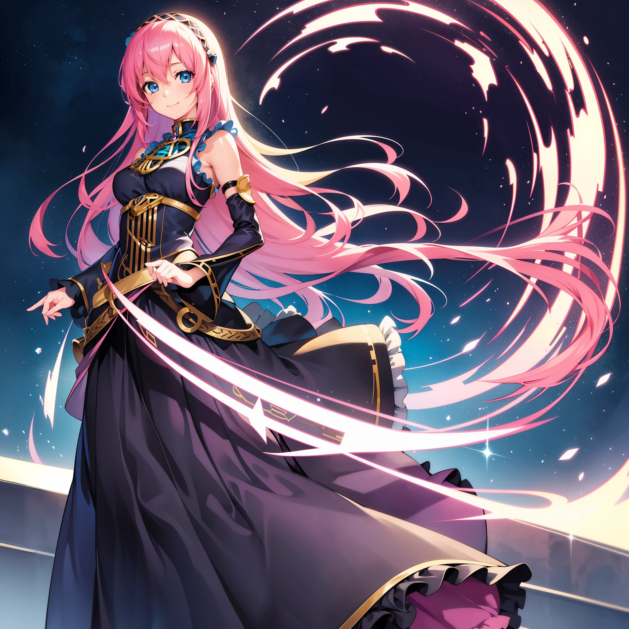 One girl, (solo: 2.0), photorealistic, beautiful charming anime girl, super detailed, smile, beautiful blue eyes, beautiful style, megurine luka, pink hair, gentle look, seductive anime girl, full body, beautiful skin, long skirt, gothic ****ta dress with lots of frills, black tones,