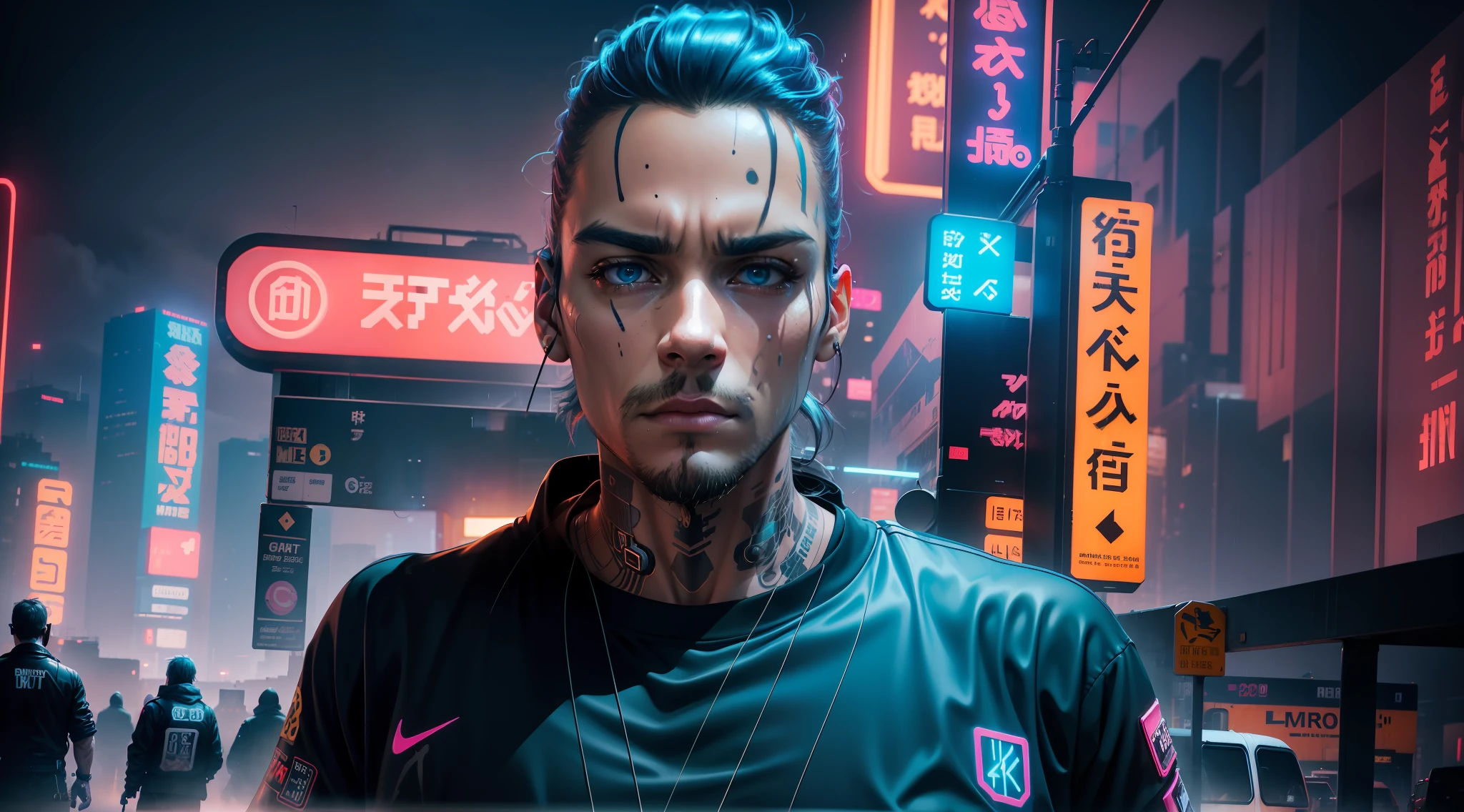 8k, RAW photo, best quality, masterpiece: 1.2), (realistic, photorealistic: 1.37), (solo:1.2), (side:1.2),(sad:1.4), (panorama, two-point perspective: 1.4), aerial shot, (landscape, enclosed place, dark, night, midnight, cyberpunk, roof, rain, graffiti art, reflection, slums, train, motorcycles, metro: 1.2), (neon sign, neon blue, pink neon, yellow neon: 1.4), sci-fi, cinematic, 6d cannon, octane render, medium shot