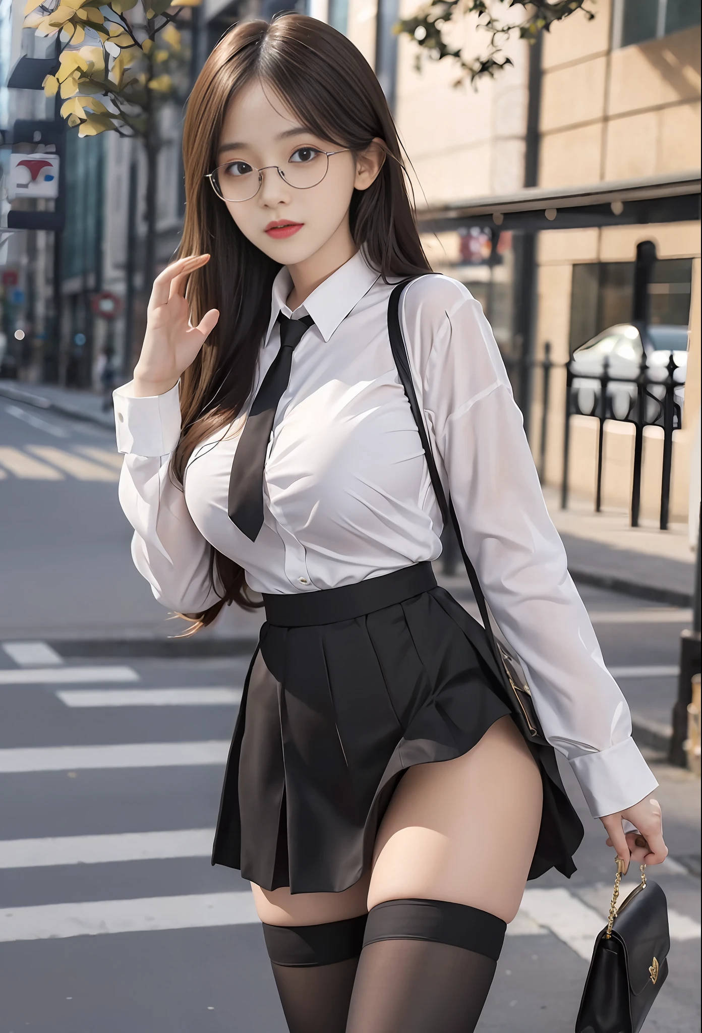 ulzzang-6500-v1.1, (raw photo:1.2), (photorealistic:1.4), beautiful detailed girl, very detailed eyes and face, beautiful detailed eyes, ridiculous, incredibly ridiculous, huge file size, super detailed, high resolution, very detailed, best quality, masterpiece, ((fashion clothing with diverse colors)), illustration, very detailed, CG, unified, 8k wallpaper, amazing, fine detail, masterpiece ,best quality, very detailed CG uniform 8k wallpaper, light on face, movie lighting, 1girl, 16 years old, long white hair, side splits, (big breasts), (no panties)), (glasses), ((dynamic pose))), ((sexy pose))), (camel toe), (half), (pantyhose)), ((black hip skirt))