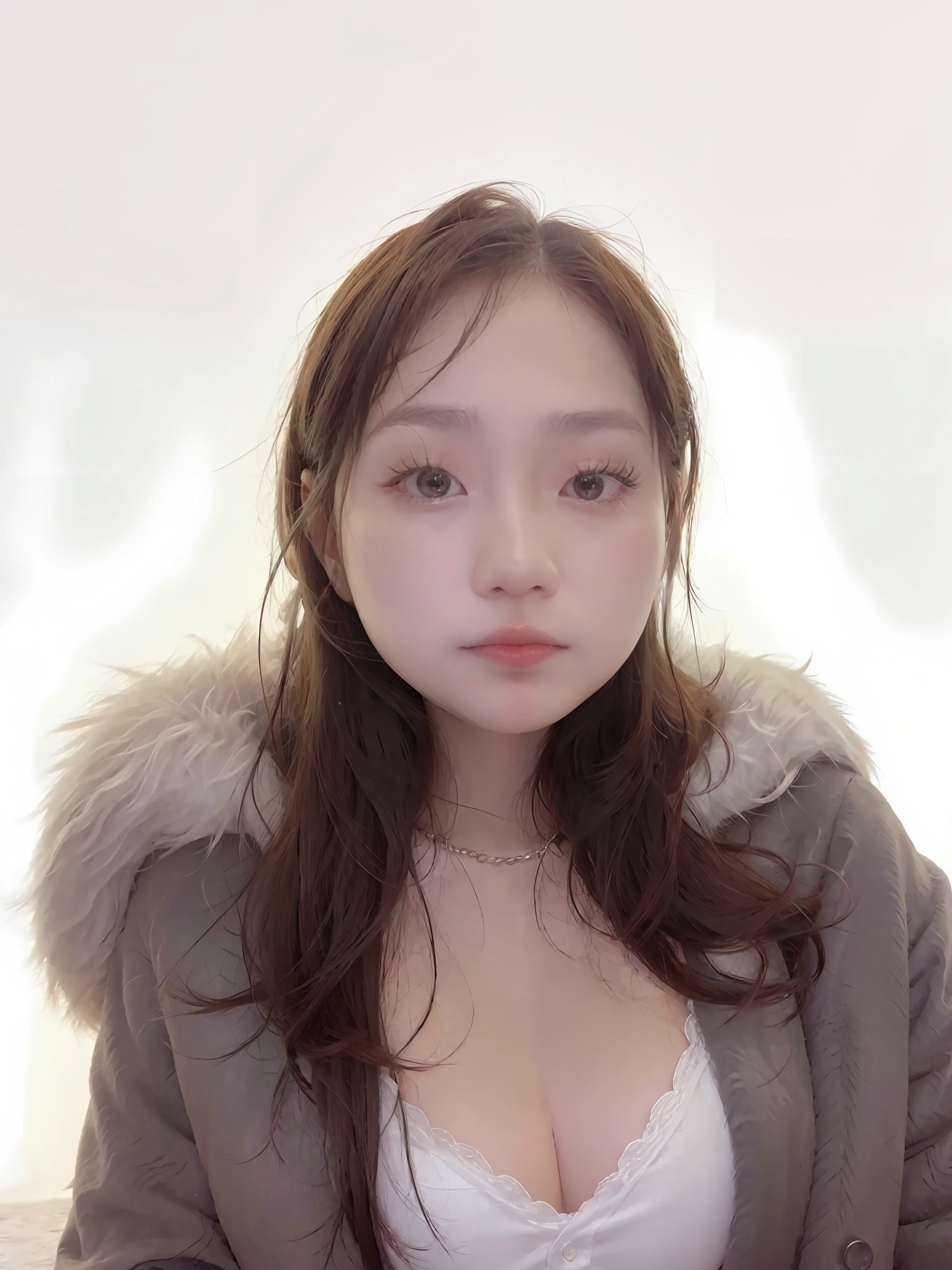 There is a woman posing for photo in a fur coat, beautiful korean woman, gorgeous korean young woman, korean woman, 8k selfie photo, beautiful korean young woman, korean girl, elegant, cute woman digital art, gorgeous chinese model, big breasts, plump, busty breasts, big breasts beauty, big breasts