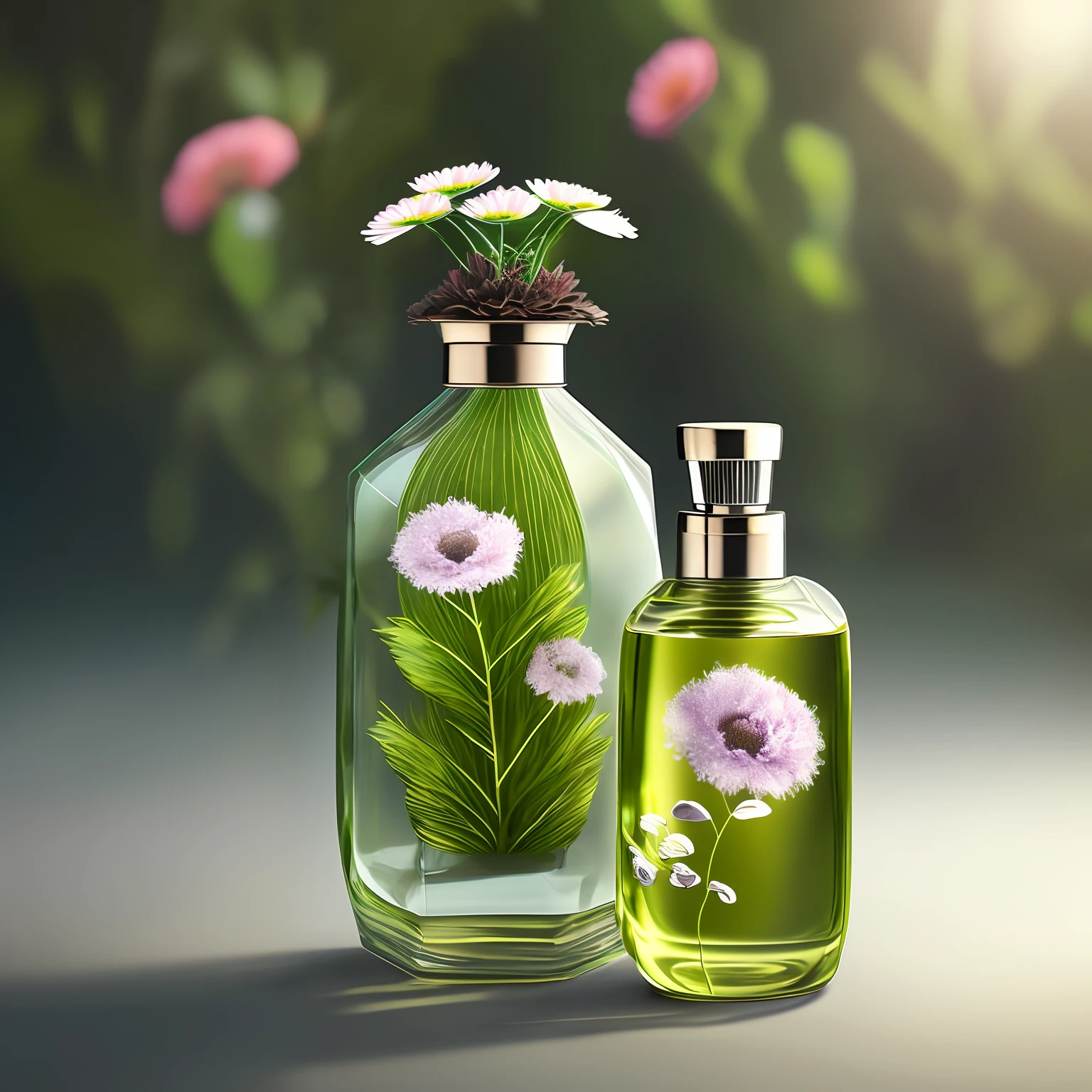 Retain the original appearance of the car, generate a beautiful background atmosphere, beautiful flowers, forest background, Product photography of a perfume bottle arranged with plants and flowers, realistic, light background, realistic rendering --v 6