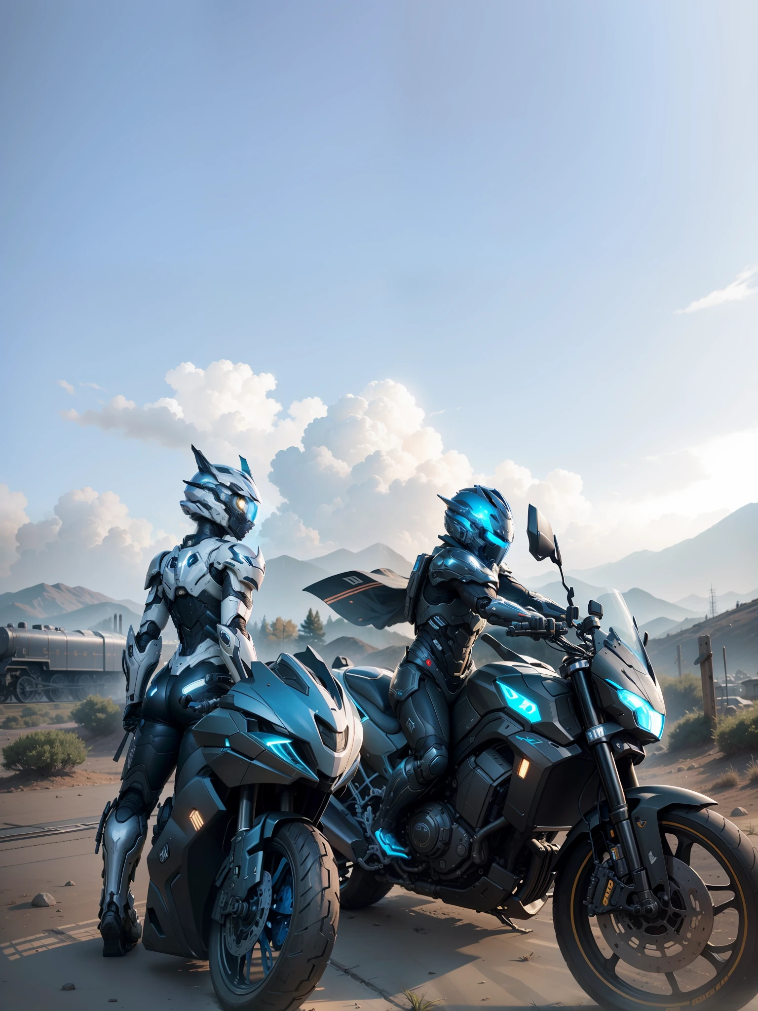 (Masterpiece: 1.2), Best Quality, High Score, Uniform 8k Wallpaper, (Illustration: 1.0), Beautiful Detailed, Very Detailed, Perfect Lighting, Very Detailed CG, Glowing Eyes, Backlight, Armor, Half-Body Mech, Shorts, 2boy, Tattoo on Leg, Warframe, Humanoid Robot, Helmet, Sample Background, Weapon, blue_armor, Looking at the Audience, Solo, Perspective, Black Locomotive, Black Clothes, blue light,