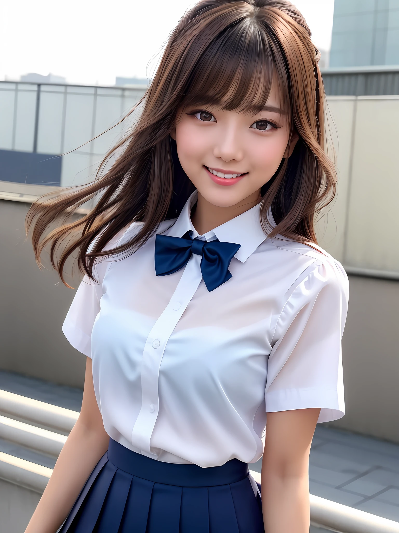 masterpiece, close up face shot, 1 girl per 1 photo, front view, a Japanese young pretty woman, cute pose at the school roof with a big smile, glamorous figure, wearing a short sleeves white collared silky shirt with shiny red satin plain bow tie, wearing a long length dark blue pleated skirt, hyper cute face, glossy lips, double eyelids in both eyes, Natural makeup, long eyelashes, shiny smooth light brown hair of medium length, asymmetrical bangs, tanned skin, central image, 8K resolution, high detail, detailed hairstyle, Detailed Face, spectacular cinematic lighting, octane rendering, vibrant, hyper realistic, perfect limbs, perfect anatomy