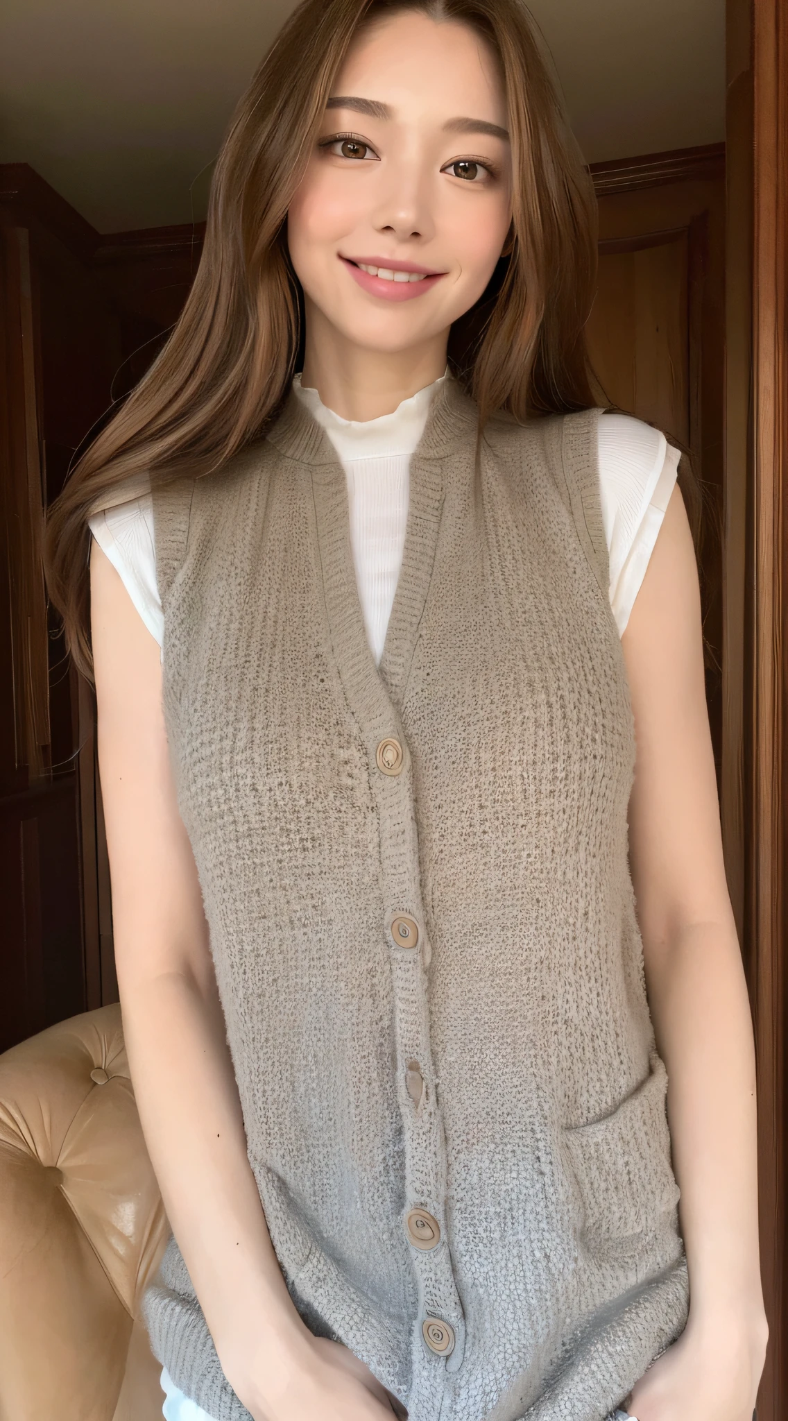 ((8K highest quality, masterpiece: 1.3)), a girl, beautiful thin lumbar muscles prominent: 1.3, (long hair, big breasts: 1.2), loose vest: 1.2, delicate face, bright eyes, smile, loungewear, random clothing color.