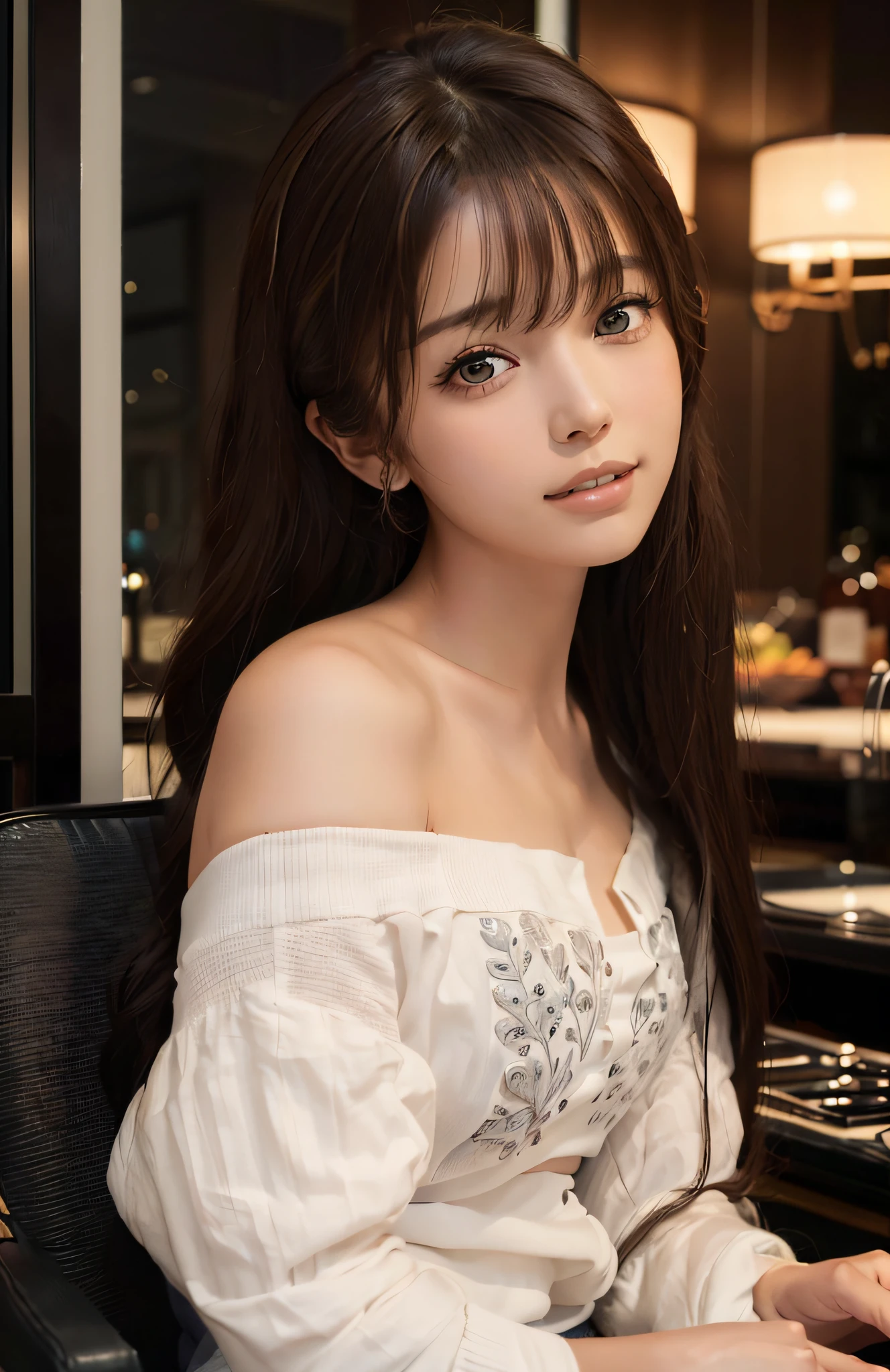 (Ultra Real), (Illustration), (High Resolution), (8K), (Very Detailed), (Best Illustration), (Beautiful and Detailed Eyes), (Best Quality), (Ultra Detailed), (Masterpiece), (Wallpaper), (Detailed Face), Solo, One Girl, Full Body, Staring Viewer, Fine Eyes and Mouth, Detailed Face, Bar Counter, In the Dark, Low Key, pureerosfaceace_v1, Smile, Long Hair, Dark blonde straight hair, bangs, sitting in a chair, beautiful teeth, blushing cheeks, fascinated look, complex off-shoulder clothes,