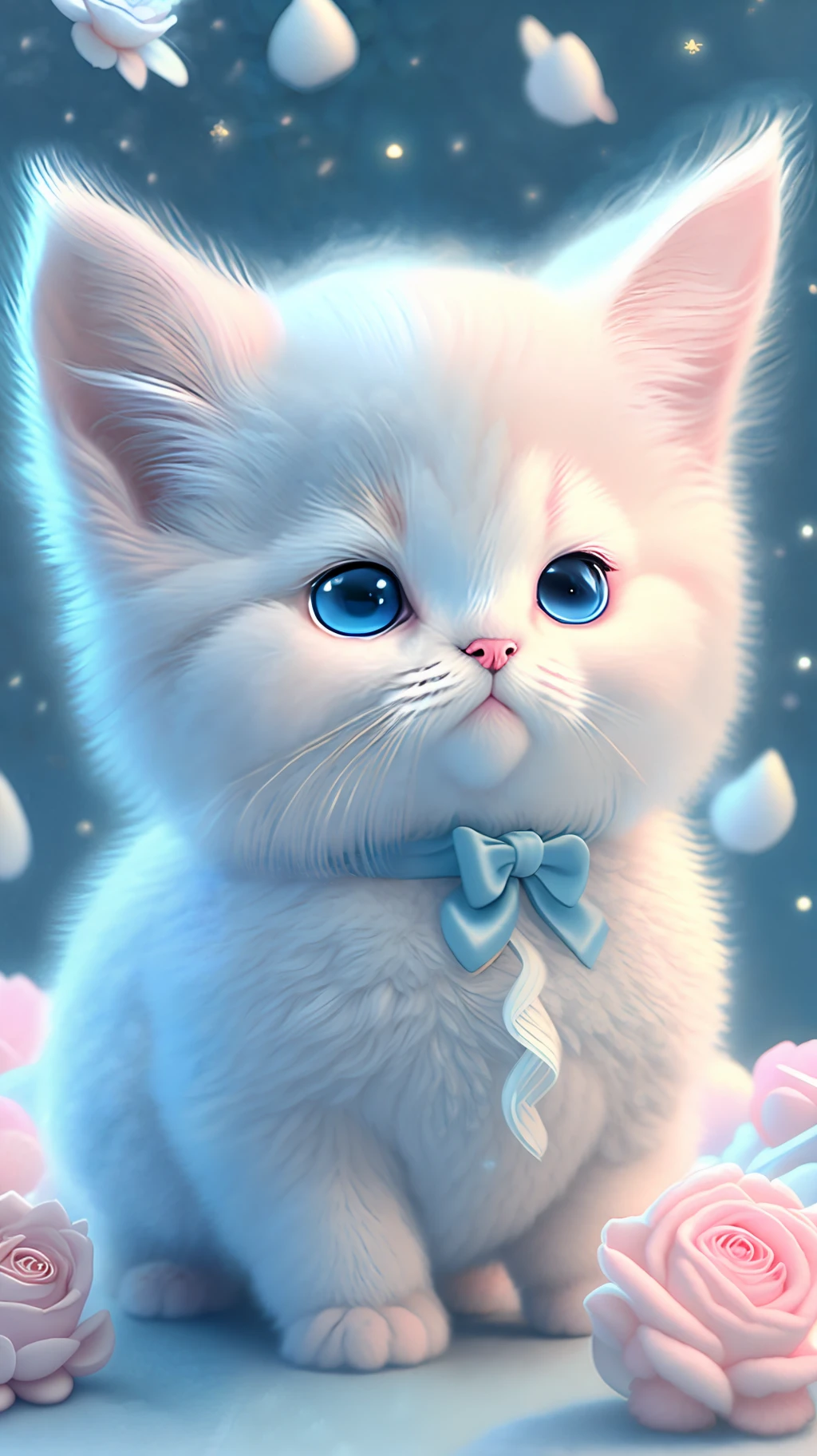 In this ultra-detailed CG art, cute kittens surrounded by ethereal roses, laughter, best quality, high resolution, intricate details, fantasy, cute animals, open mouths, laugh!!