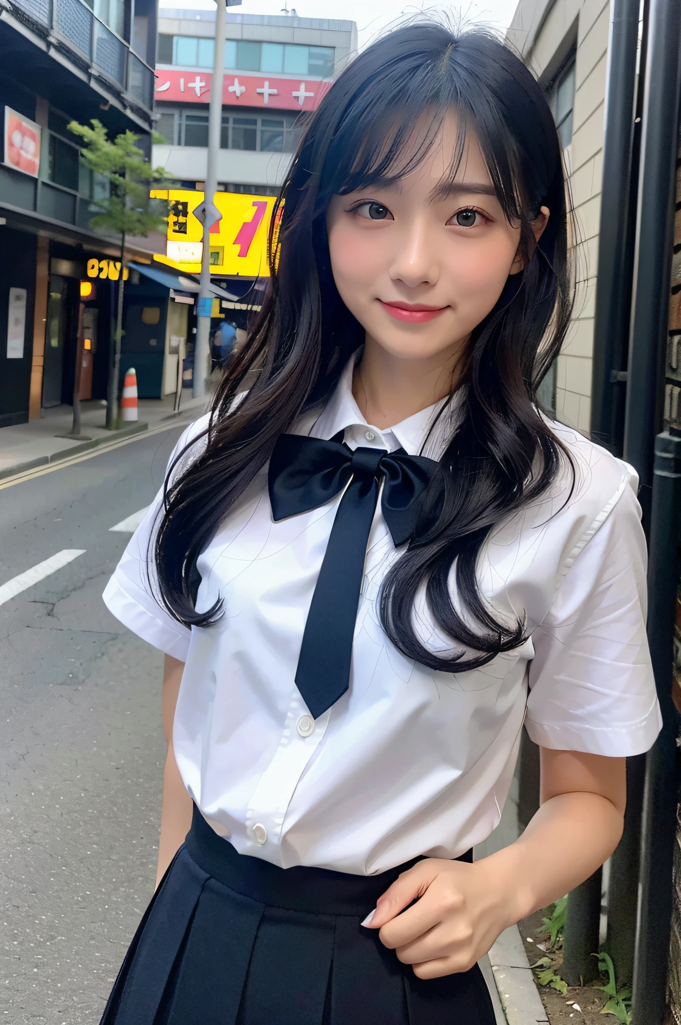 (8k, RAW photo, best quality, mastery:1.3), (realistic, photo-realistic:1.37), (looking viewer:1.331), (black hair), posing, Tokyo street, nightcityscape, cyberpunk city, soft light, 1girl, extremely beautiful face , Perfect body proportions, (small face: 1.1), bust, casual hairstyle, smile, big eyes, (short sleeves JK_shirt), JK_style, (navy JK_skirt), (bow JK_tie), mix4, detailed eyes