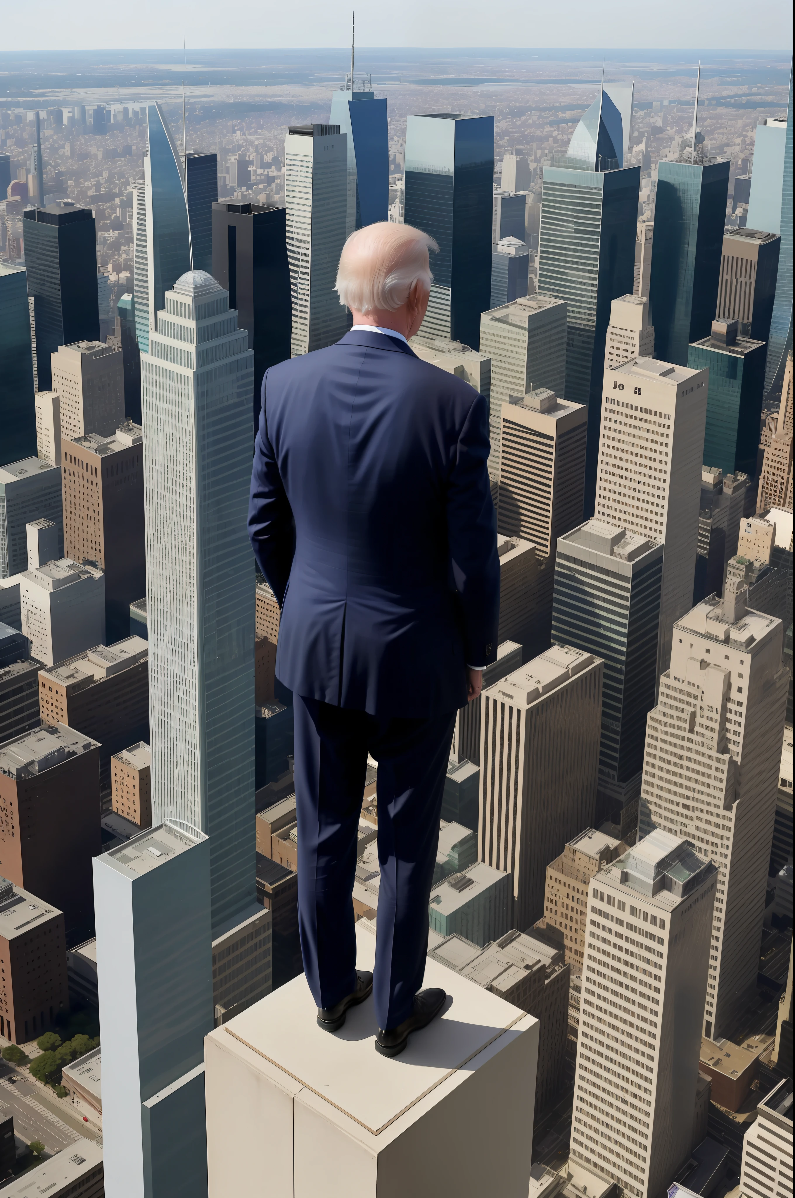 Joe Biden stands atop a skyscraper, surveying the bustling cityscape below.