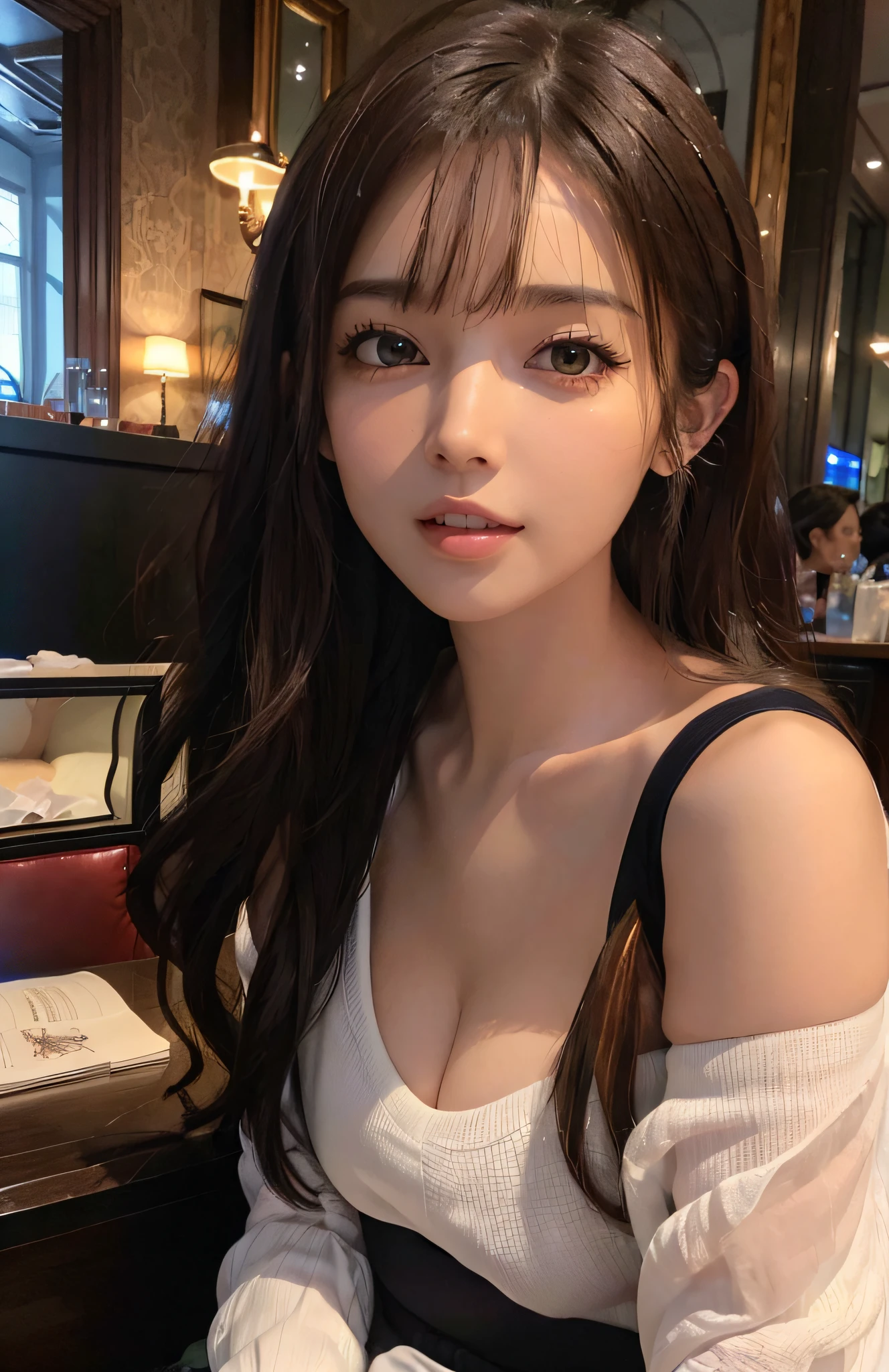 (Ultra Real), (Illustration), (High Resolution), (8K), (Very Detailed), (Best Illustration), (Beautiful and Detailed Eyes), (Best Quality), (Ultra Detailed), (Masterpiece), (Wallpaper), (Detailed Face), Solo, One Girl, Full Body, Staring Viewer, Fine Eyes and Mouth, Detailed Face, Bar Counter, In the Dark, Low Key, pureerosfaceace_v1, Smile, Long Hair, Dark blonde straight hair, bangs, sitting on a chair, beautiful teeth, blushing cheeks, fascinated look,