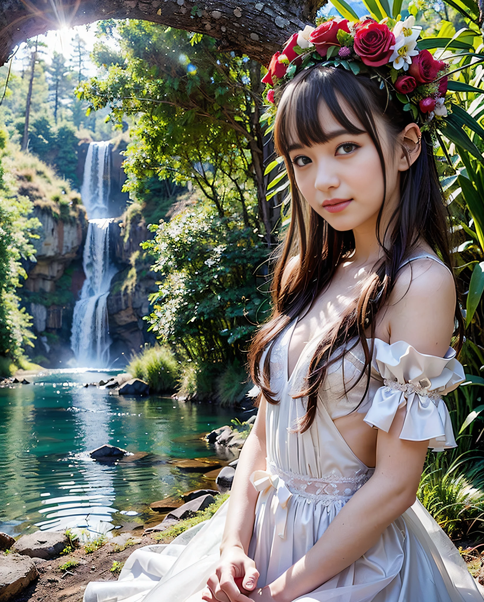 Five Treasures Waterfall, Thin Eye Makeup, ((1 person)))),((Photorealistic))))), ((AKB 48)), (Full body photo))), (Lens flare),((Backlight)), ((In the forest)((Dark mountain lake))),(((Rock in the background),(Flower crown,(Smiling)),((NIKON Z)),(19 years old),(Small bust)))), ((Ranch in the back, (bright red wedding dress)))), (((Pore feeling)))), (skin feeling)))), (((Photorealism: 6, Realistic))))), (((Sideways and turning around pose)),Perfect lower body shape, ribbon, hair ornament, pale skin, looking at the viewer, small waist