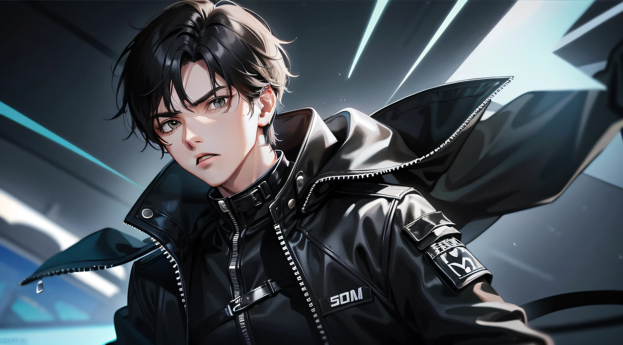 A young man, with upper body, straight face, short black hair, black storm jacket, looked shocked