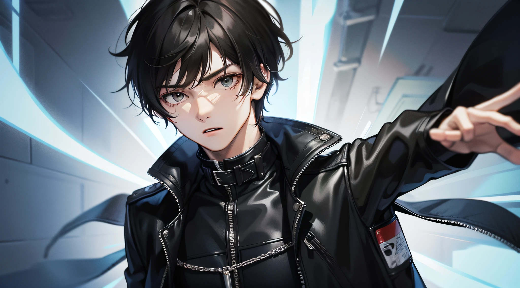 A young man, with upper body, straight face, short black hair, black storm jacket, looked shocked