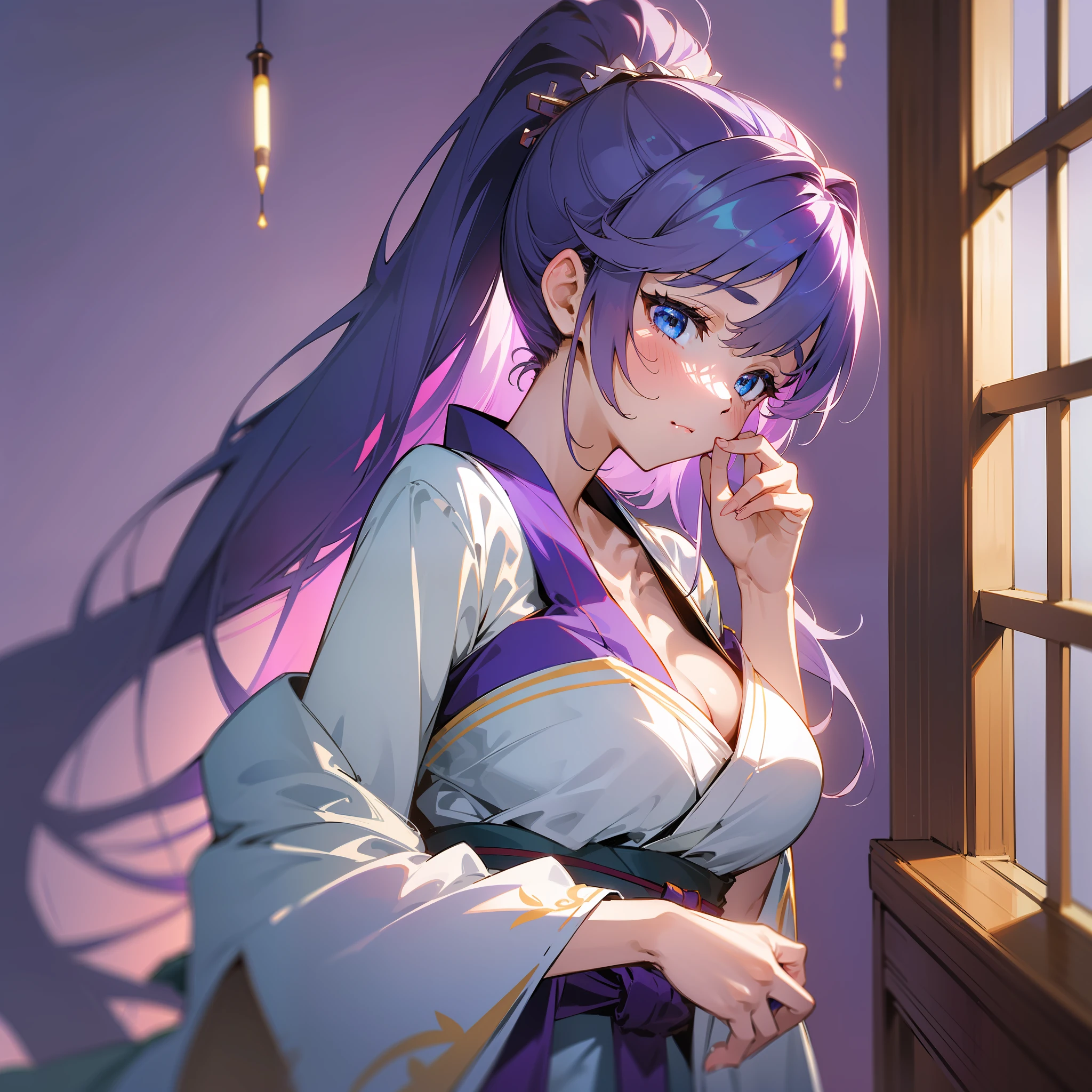 (masterpiece), best quality, ultra-detailed, extremely detailed CG, 8k wallpaper, extremely delicate and beautiful, sexy, Japanese anime, dynamic lighting, delicate shadows, luster, blue eyes, high resolution, single ponytail, white long hair, purple background