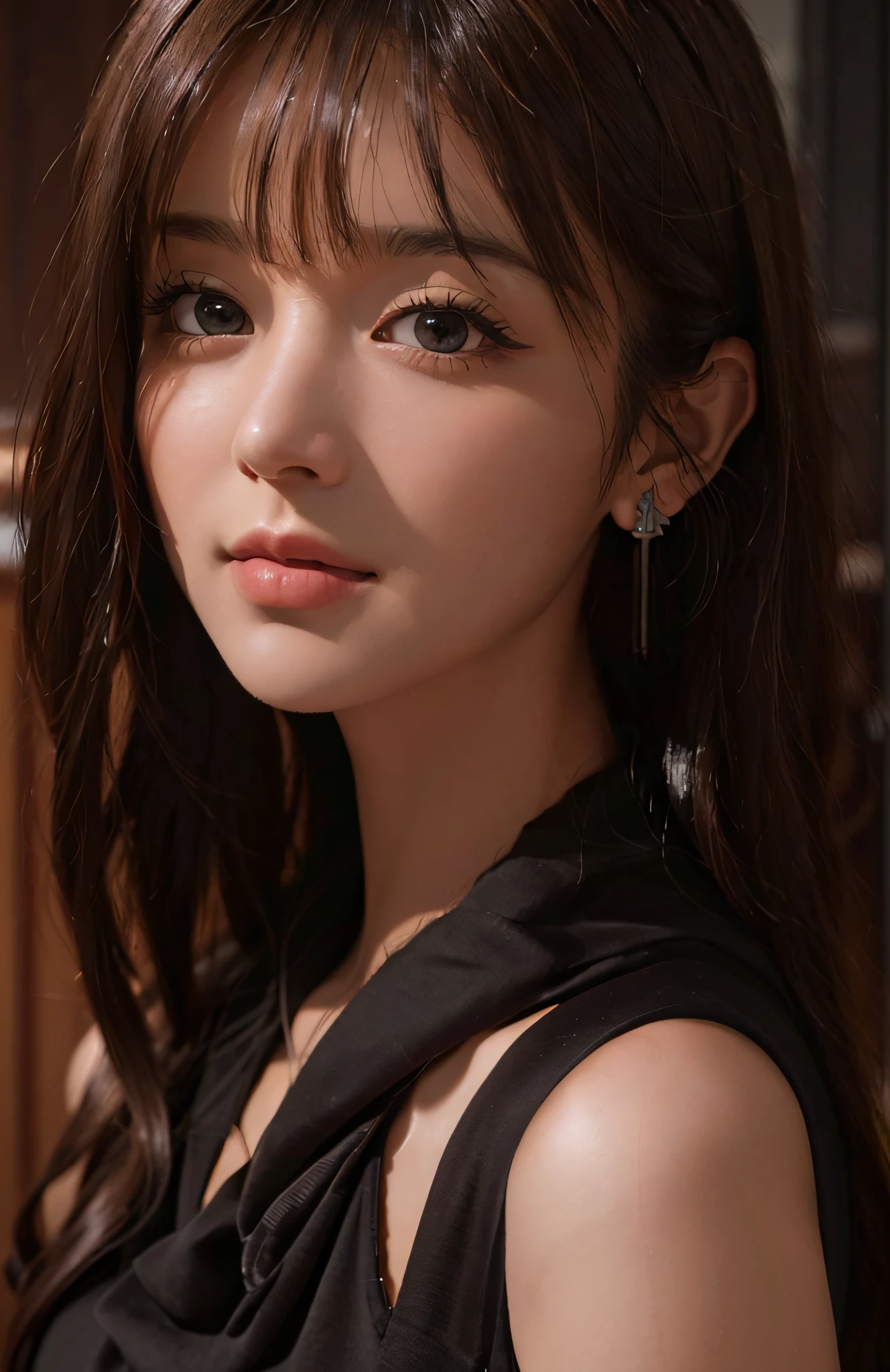 (Ultra Realistic), (Illustration), (High Resolution), (8K), (Very Detailed), (Best Illustration), (Beautiful and Detailed Eyes), (Best Quality), (Ultra Detailed), (Masterpiece), (Wallpaper), (Detailed Face), Solo, One Girl, Viewer, Fine Detail, Detailed Face, Dark Bar Counter, In the Dark, Deep Shadows, Low Key, pureerosfaceace_v1, Smile, Long Hair, Dark blonde shawl straight hair, bangs