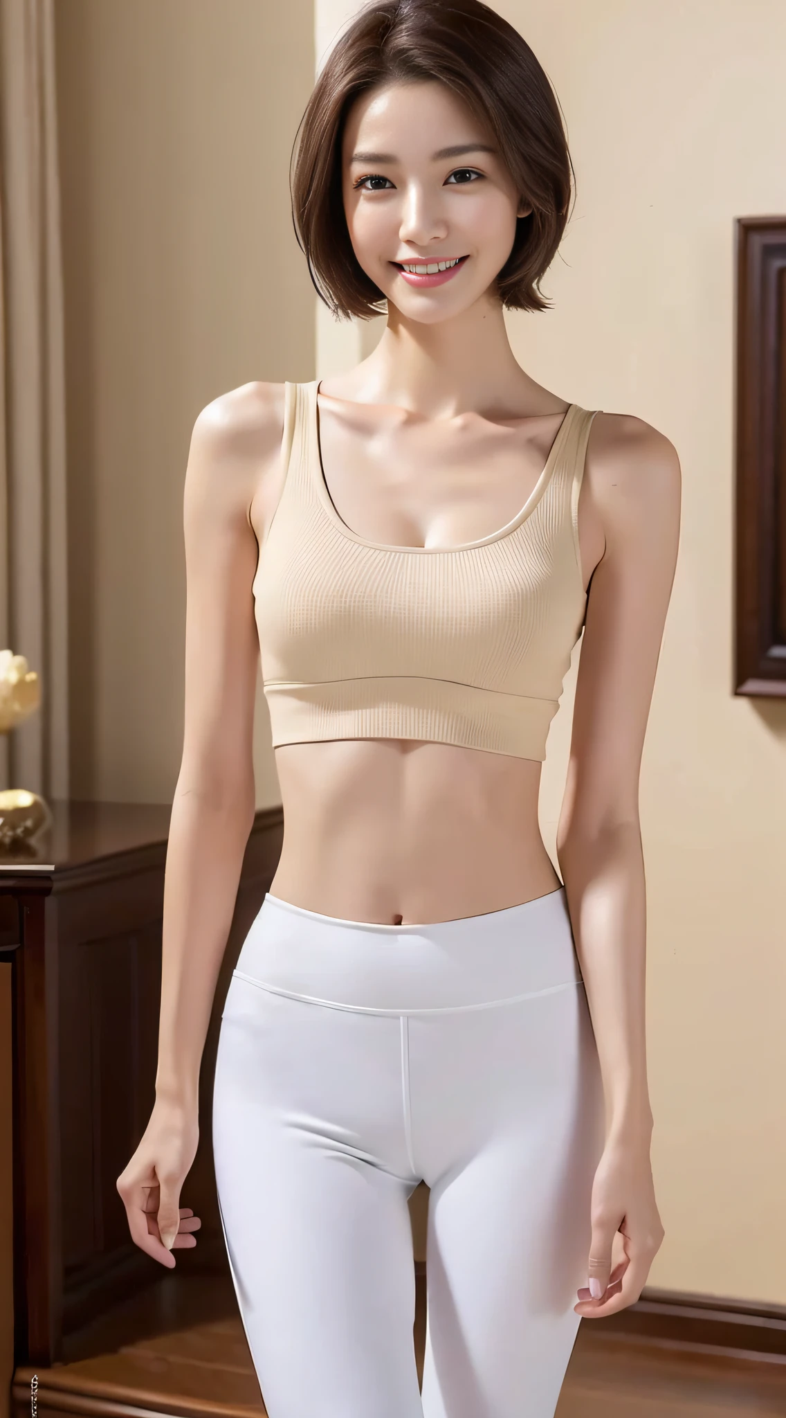((Best Quality, 8K, Masterpiece: 1.3)), a tall and beautiful woman, perfect figure: 1.4, slender abs, dark brown hairstyle, short hair, white yoga pants, without any posture movements, standing straight, highly detailed face and skin texture, detailed eyes, double eyelids, smiling, royal sister full of fan