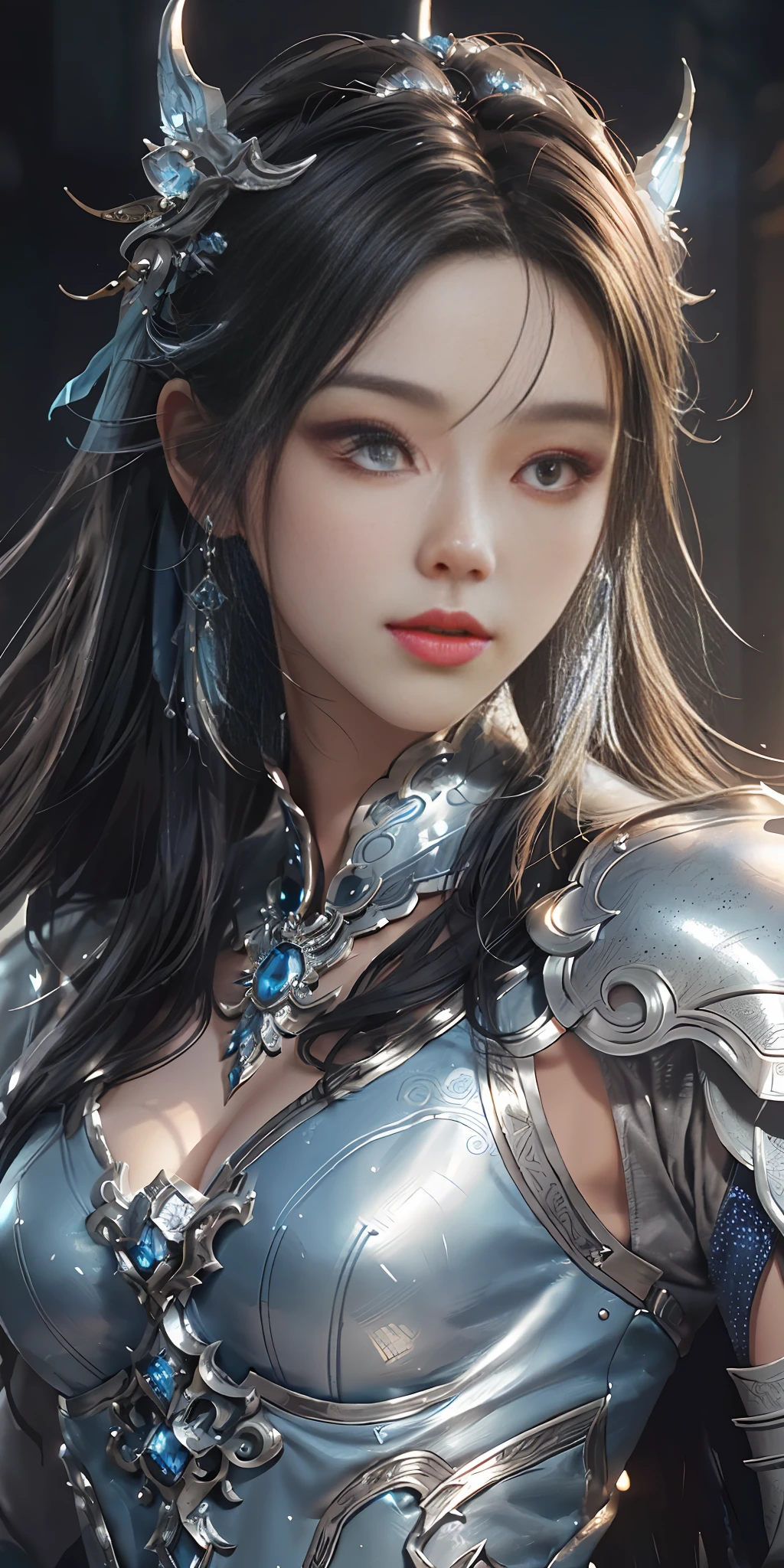 a close up of a woman in a silver and blue dress, chengwei pan on artstation, by Yang J, detailed fantasy art, stunning character art, fanart best artstation, epic exquisite character art, beautiful armor, extremely detailed artgerm, detailed digital anime art, artgerm on artstation pixiv, armor girl