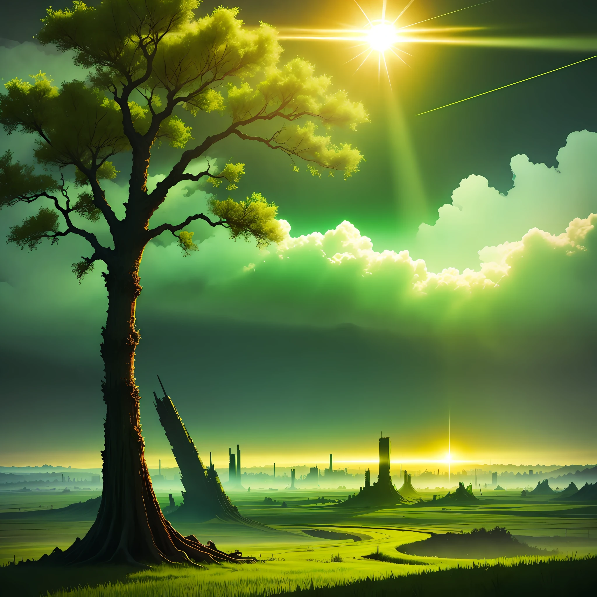 A radioactive green wasteland, green land, very bright sun, dead tree's, green mist, dark colors, landscape