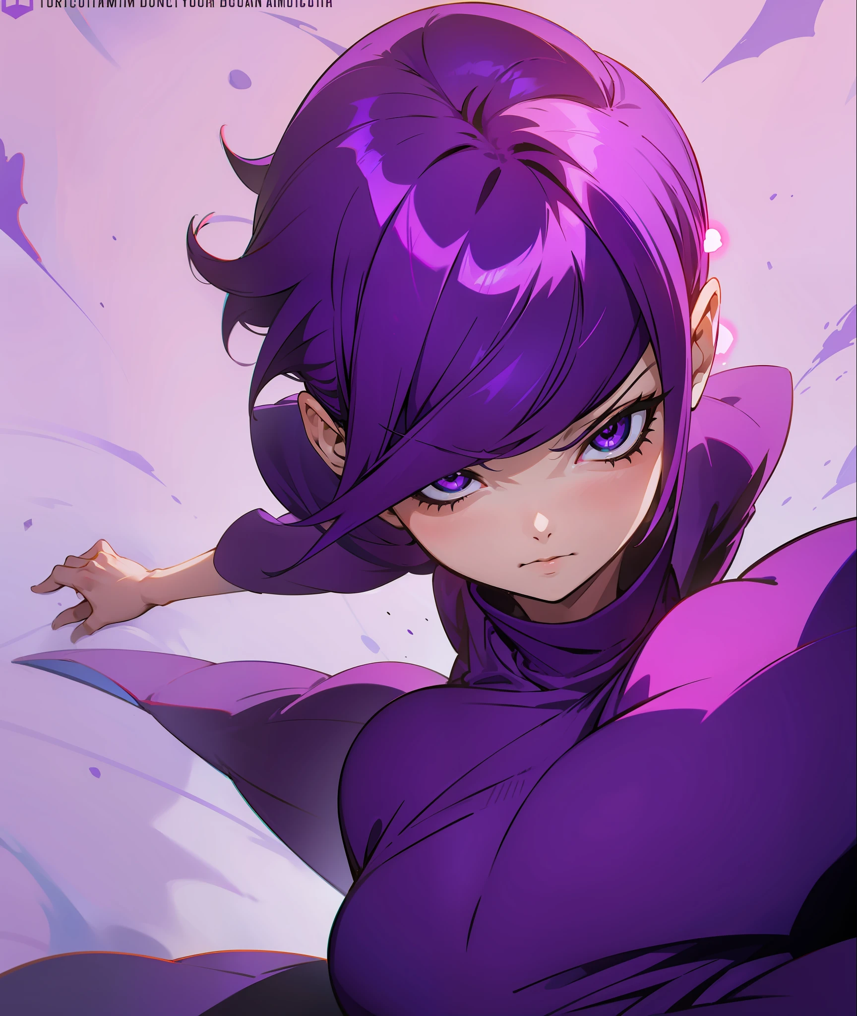 1girl, purple hair, hair covering eyes, short hair, purple clothes, busty, eyes covered, mean, short