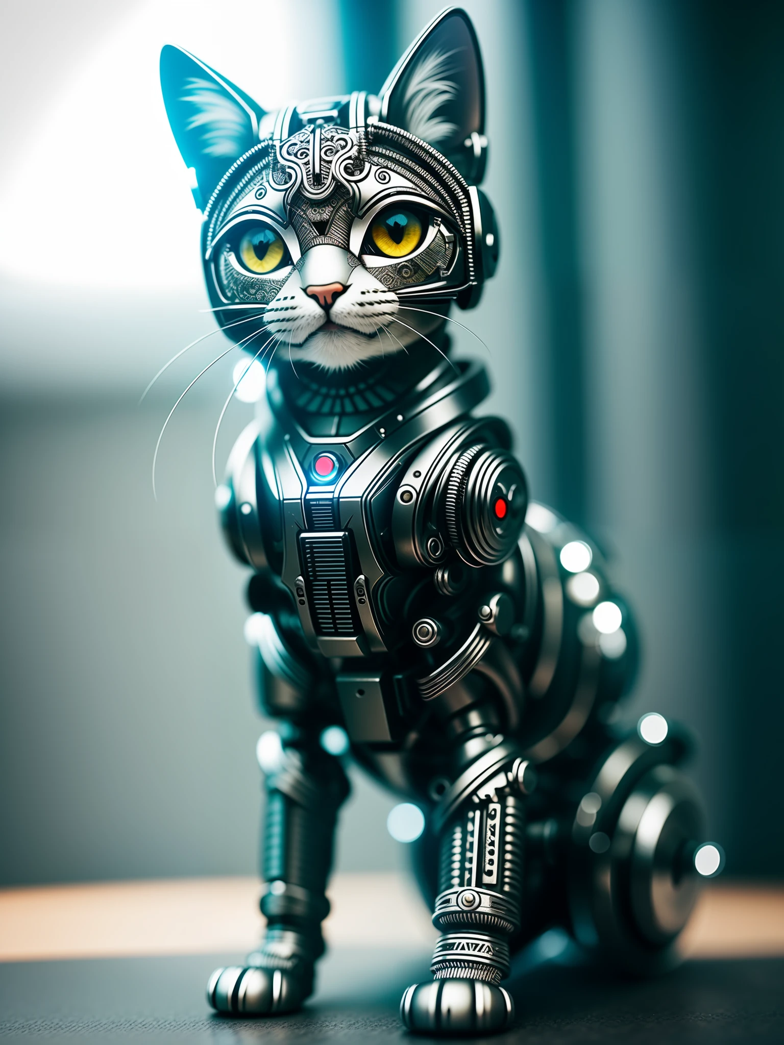 A cute kitten made of metal, (cyborg:1.1), ([tail|detailed wire]:1.3), (intricate detail), hdr, (intricate detail, hyperdetailed:1.2), cine footage, halo shadow, centered