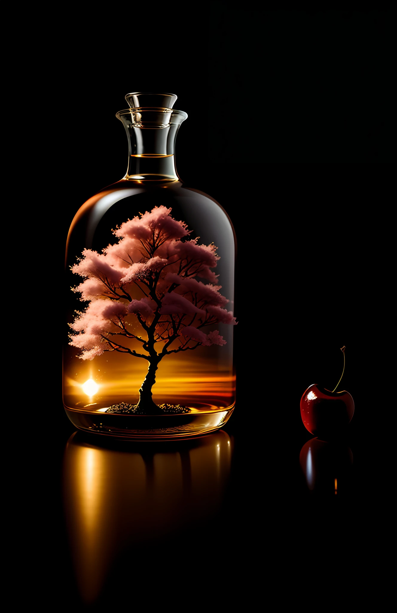 Cherry tree in a bottle, fluffy, realistic, atmospheric light refraction, photographed by lee jeffries, nikon d850 film Stock Photo 4 Kodak portra 400 camera f1.6 lens, rich colors, ultra realistic realistic textures, dramatic lighting, unreal engine trending on artstation cinestill 800, Style-Glass