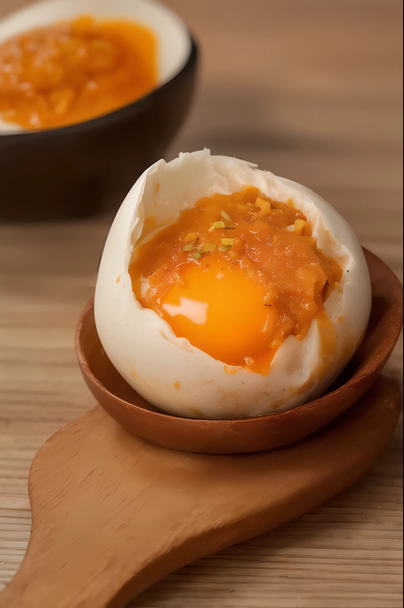 there is a small egg with a sauce in it on a wooden spoon, 王琛, egg yolk, daopao, qiangshu, sichuan, 千 葉 雄 大, magic frozen ice phoenix egg, high quality food photography, by Liao Chi-chun, daoshu, bao pnan