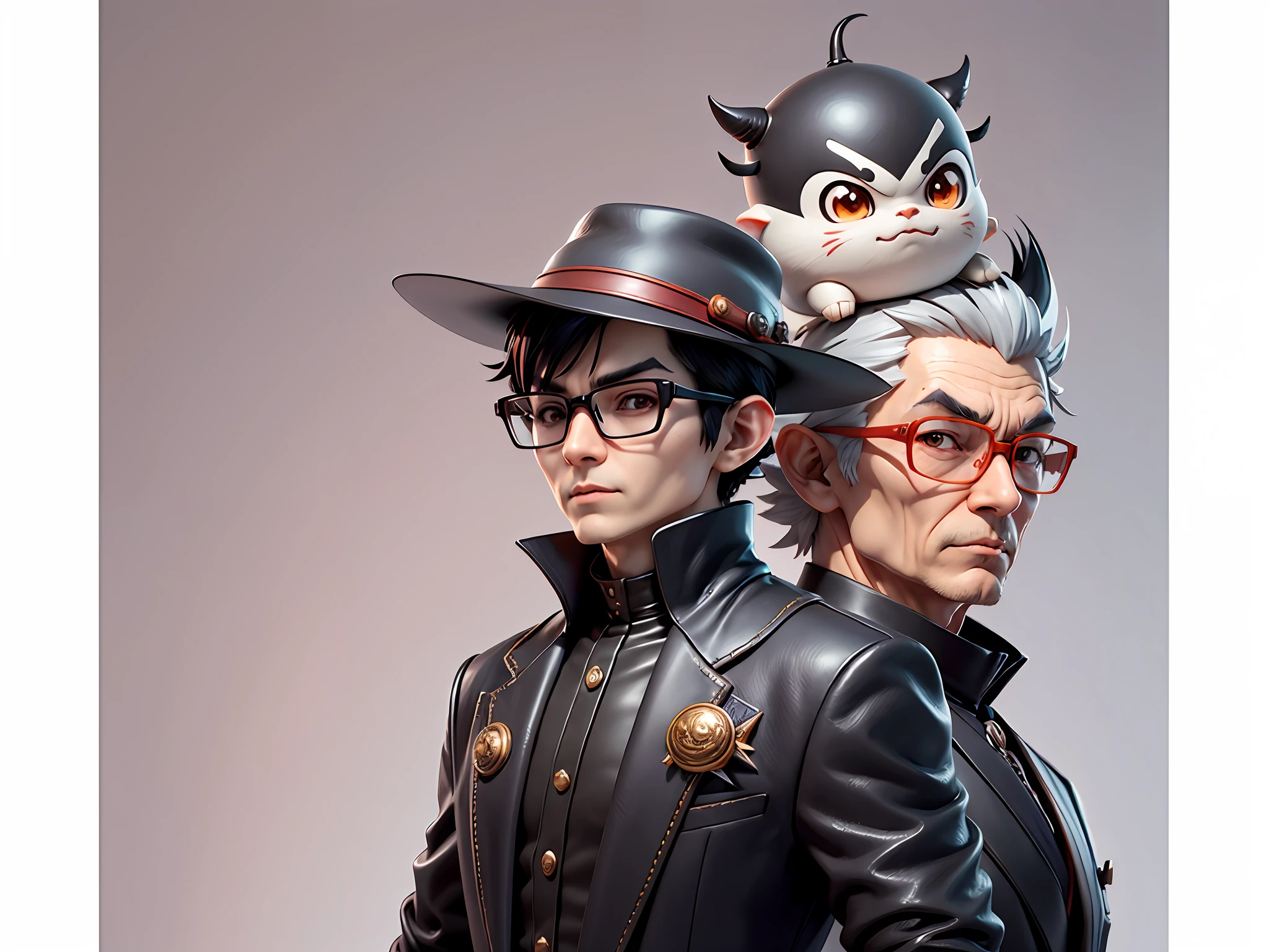 Young man with oriental face in leather hat, dragon, formal suit, short black hair, silver glasses, digital painting, 3D character design by Mark Clairedon and Pixar and Hayao Miyazaki and Akira Toriyama, the illustration is a high-definition illustration in 4K resolution with very detailed facial features and cartoon-style visuals.