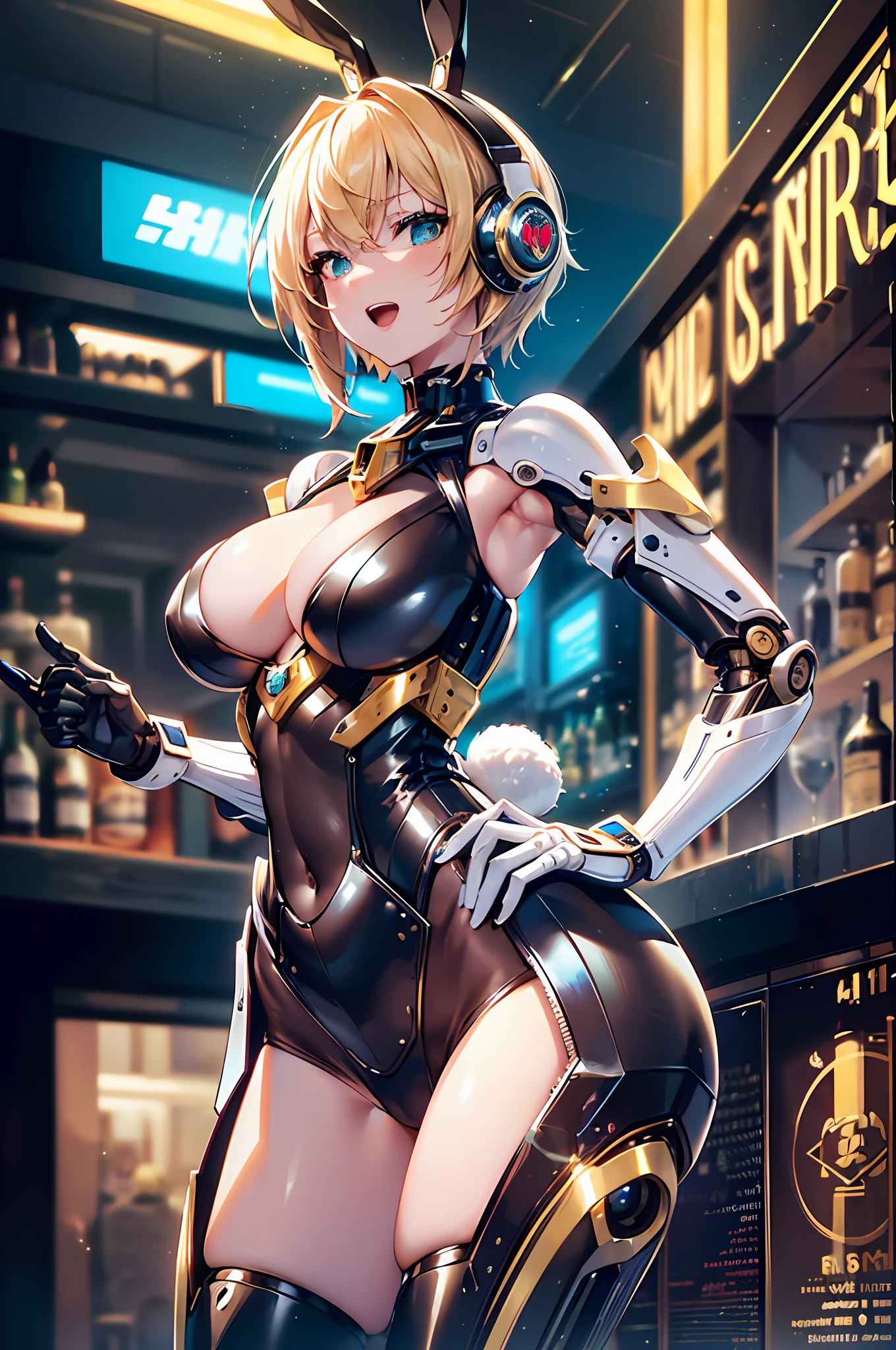 Top quality, masterpiece, fine detail, super detailed, accurate depiction, highly detailed 8k wallpaper, beautiful mechanical girl, open mouth, solo, green eyes, happy smile, (sexy mechanical girl: 1.3), five perfect fingers, (white exoskeleton suit: 1.1), (mechanical joints, mechanical arms, mechanical legs: 1.4), (exposed shoulders, exposed armpits, exposed thighs), glamor, (thin waist, huge breasts, wide hips), rabbit ears, rabbit tail, headphone, short blonde hair, cyberpunk, (bar), counter, wine, whiskey, bourbon, from side, looking back, finger to mouth,