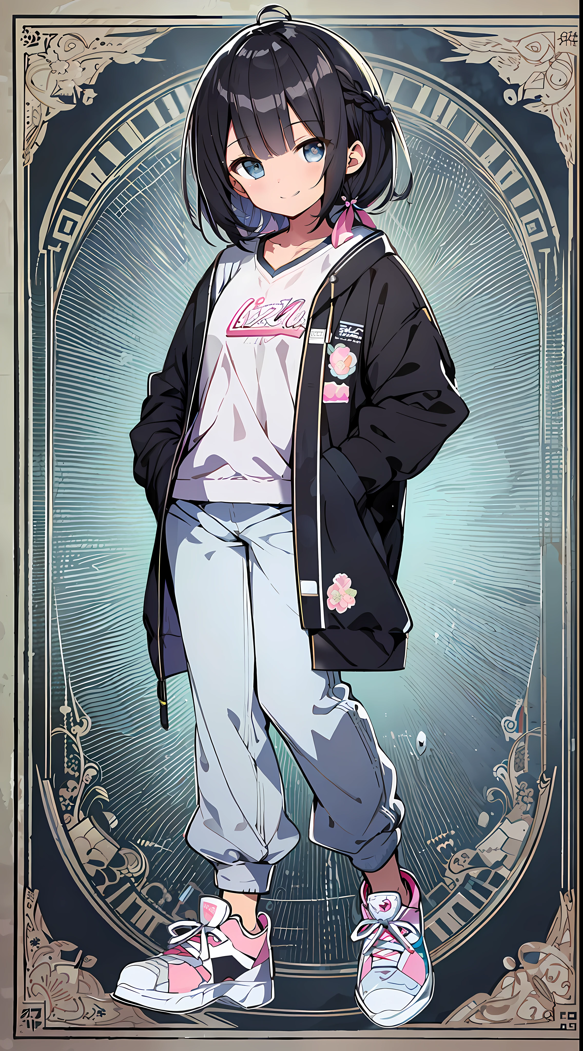 (Absolutely resolution: 1.5), Top Quality, Masterpiece, Ultra High Definition, 8K, (Pants, Light-colored Cardigan, High-Tech Sneakers), Shoujo Manga Style, Loli, Soft Line Art, Digital Enhancement, Shojo Manga Touch, Shōjo Manga Core, (Hair length to shoulder)))), ( Short braids))), soft drawing, beautiful black hair, clear eyes, ((smile, wink)), ultra-detailed digital anime art, clear face depiction, ultra-detailed shojo manga character art, clear facial features, manga style, top quality colors, angle that you can see to your feet, entangle, beautiful and aesthetic: 1.5, high quality:1.3