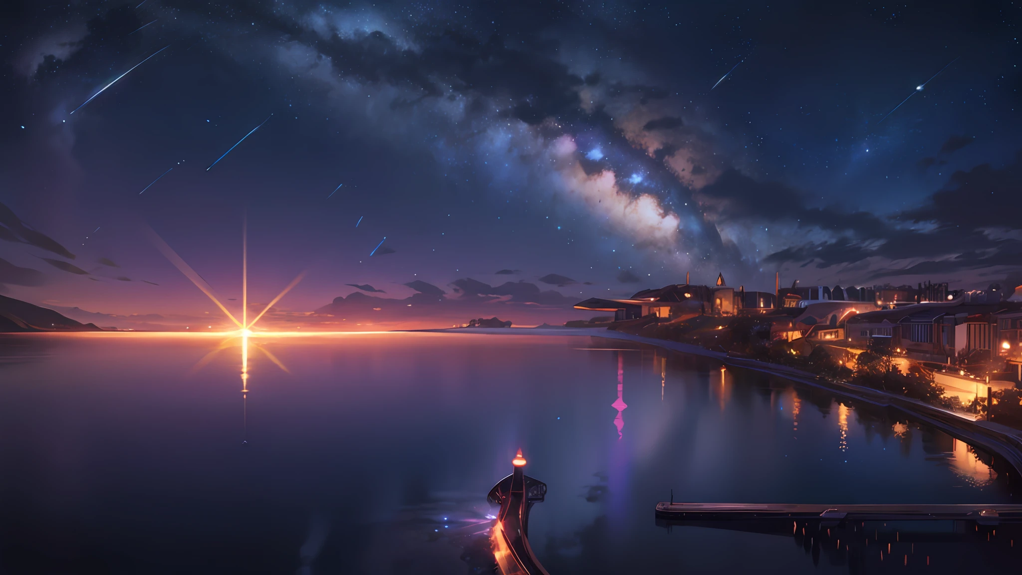 Night, shooting stars, huge spaceships