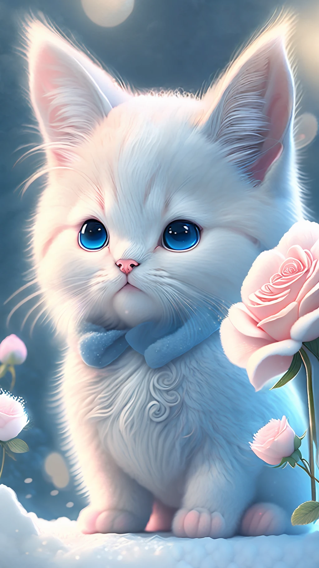 In this ultra-detailed CG art, cute kittens surrounded by ethereal roses, laughter, best quality, high resolution, intricate details, fantasy, cute animals, open mouths, laugh!!