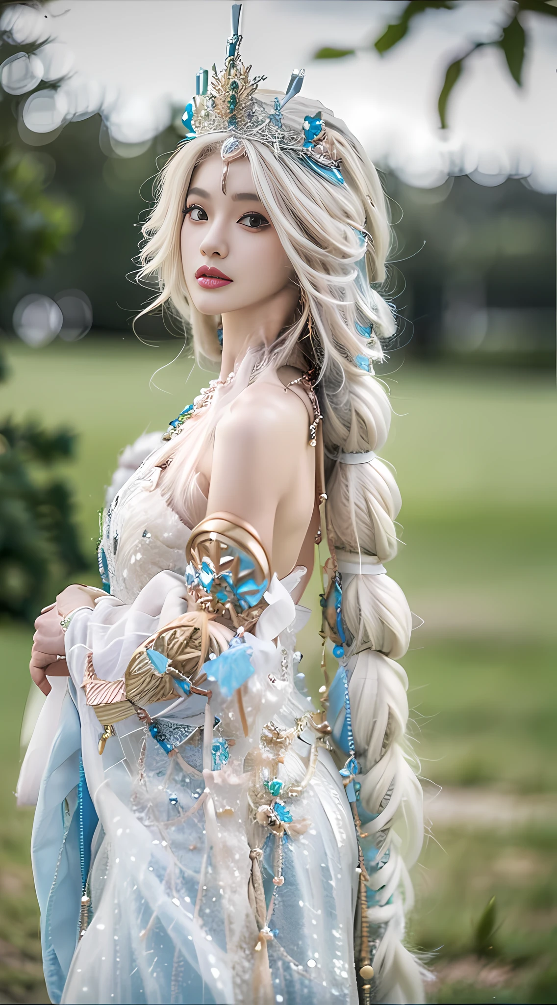 Dreamy and beautiful background, strong layering, Sable Cicada in Glory of Kings is a beautiful and enchanting character, her physical features are as follows: Long hair: Sable cicada hair is usually long black or dark red hair, shawl down, sometimes combed into different hairstyles, common with double ponytails tied up on both sides or scattered on the shoulders. Eyes: She has large, bright eyes, usually in a flexible semi-curved shape, with deep black or brown eyes. Eyebrows: Sable cicadas' eyebrows are slender and elegant, and may be painted with some detailed eyebrow makeup to make the entire face more three-dimensional and delicate. Face: Her face shape is usually slender and soft oval, with fair and smooth skin and delicate makeup. Her facial features are well-distributed, her forehead is broad, her nose is straight, and her lips are plump. Clothing: Sable cicadas like to wear fancy costumes, often choosing clothes inspired by ancient Chinese court costumes. Common clothing features include robes, belts, and intricately detailed embroidery. In terms of color, she often wears red, purple or gold clothing to show her dignity and enchantment. Accessories: Sable usually wears some gorgeous accessories to add to her style, such as headdresses, earrings, necklaces, and bracelets. These jewelry are usually made of metal and set with gemstones or pearls to make her shine. Overall, the physical features of the mink cicada show her magnificence and mystery, through the meticulous depiction of these features