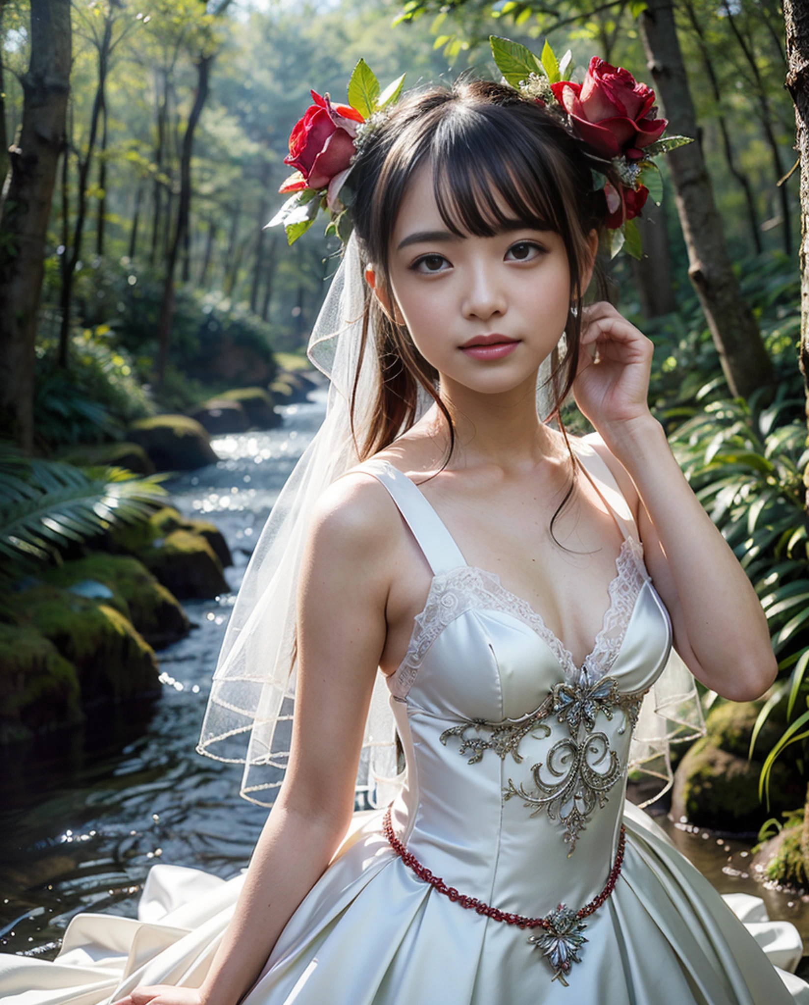 Rose flowers, light eye makeup, ((1)),(((Photorealistic)))))), (((AKB 48)), (Full body photo))), (Lens flare),(Backlight)), ((In the forest)), ((Dark mountain lake))),((Rock in the background))), Corolla,(Smiling)),((NIKON Z))),(19 years old),( Small bust)))), ((((bright red wedding dress))))), ((((Pore feeling)))), (skin feeling)))), (Photorealism: 6, realistic))), (sideways and turning around pose)),Perfect lower body shape, ribbon, hair ornament, pale skin, looking at the viewer, small waist