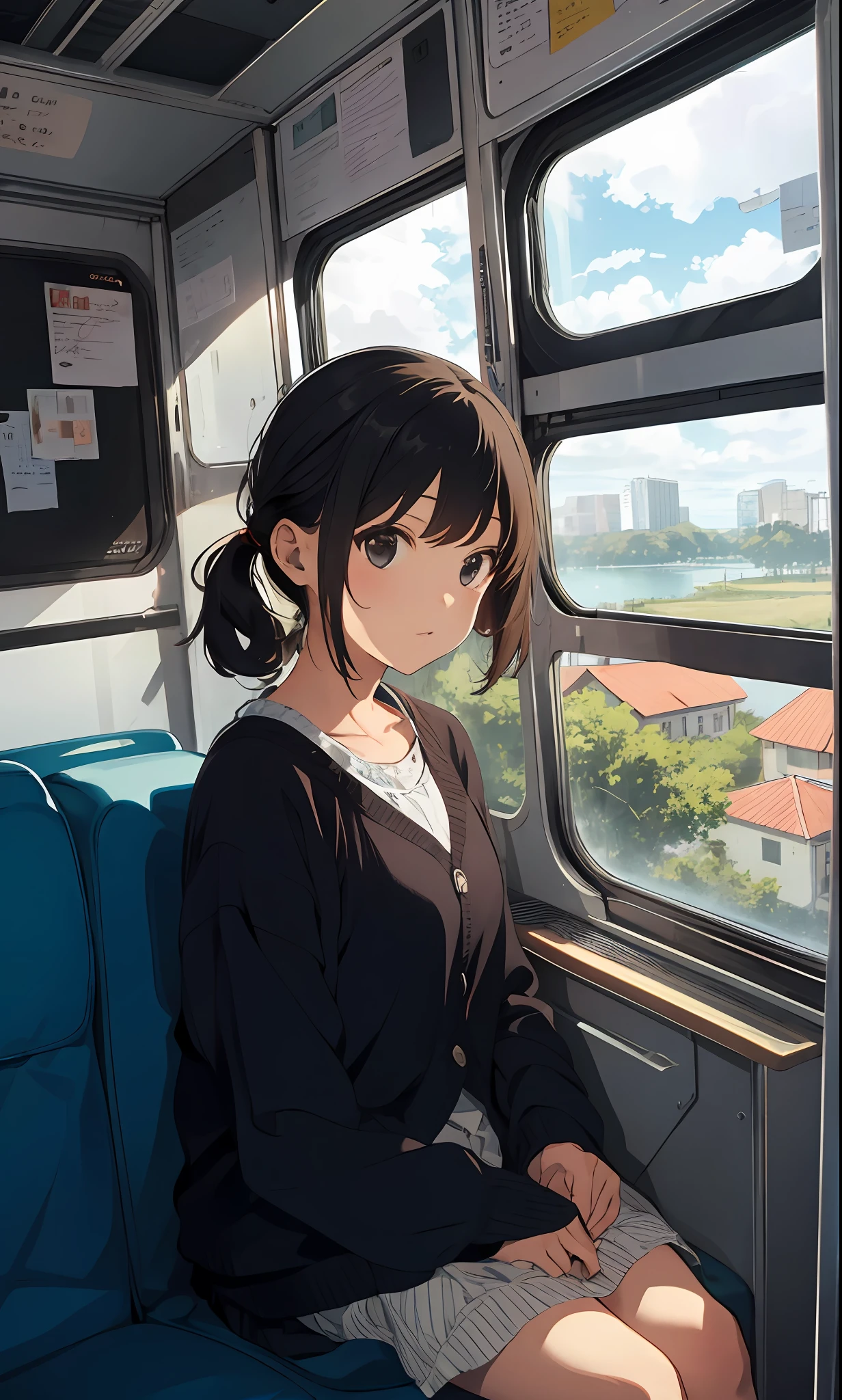 One girl, looking out at the scenery from inside the bus