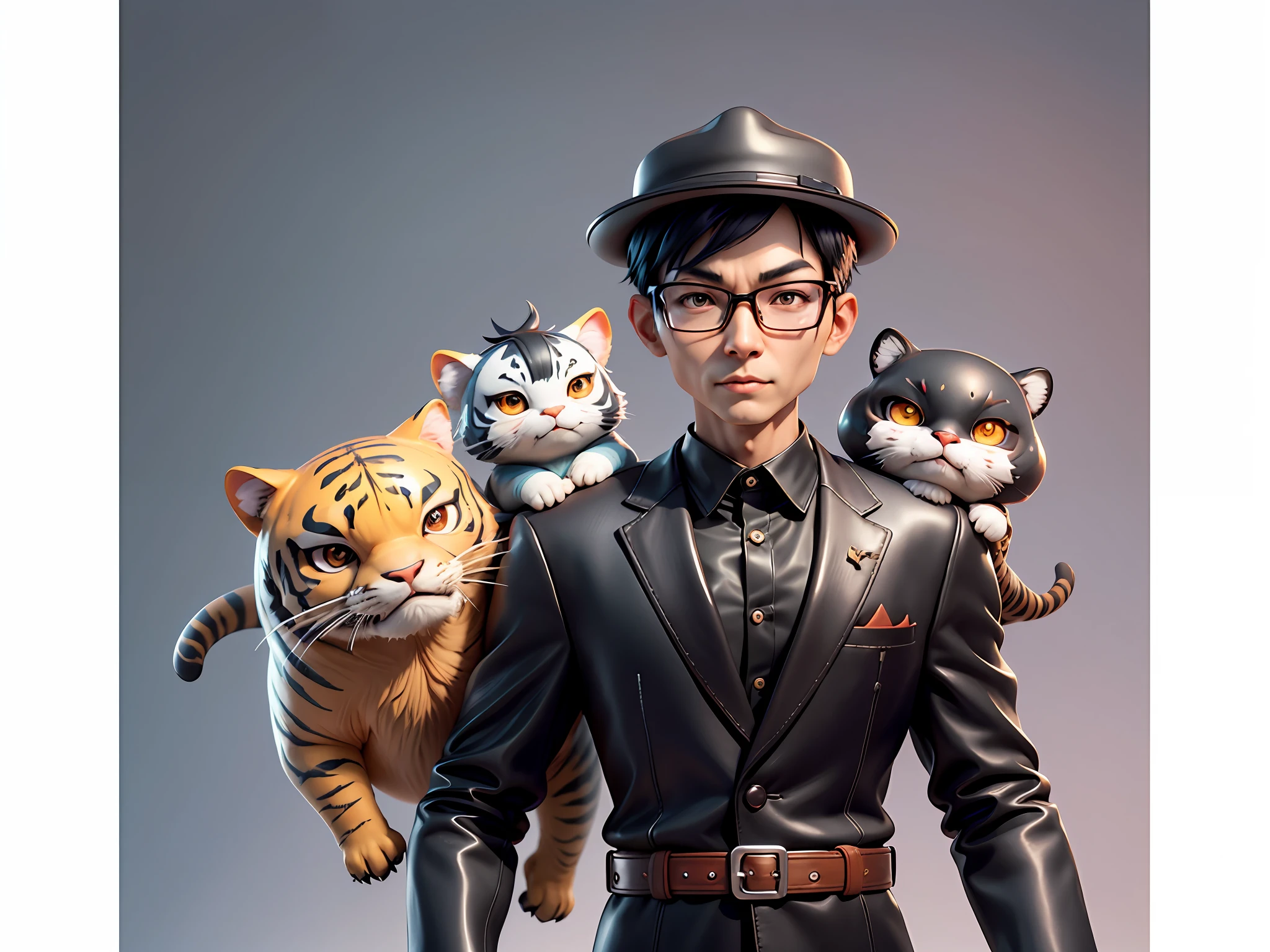 Young man with oriental face in leather hat, tiger, oriental face in formal suit, short black hair, silver glasses, digital painting, 3D character design by Mark Clairedon and Pixar and Hayao Miyazaki and Akira Toriyama, the illustration is a high-definition illustration in 4K resolution with very detailed facial features and cartoon-style visuals.